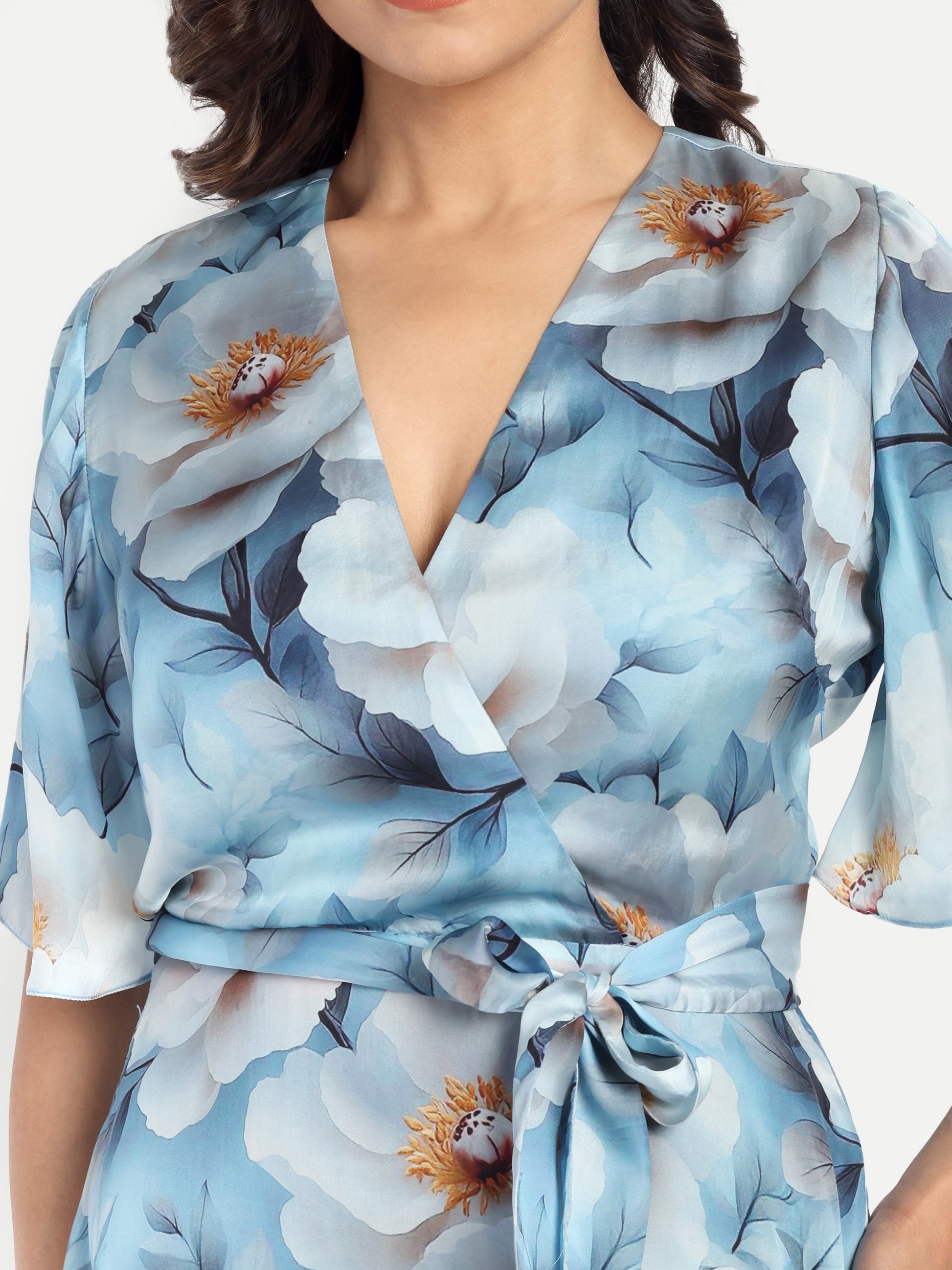 Women’s blue floral Isabella dress with wrap style, flowy maxi fit and elegant stylish design