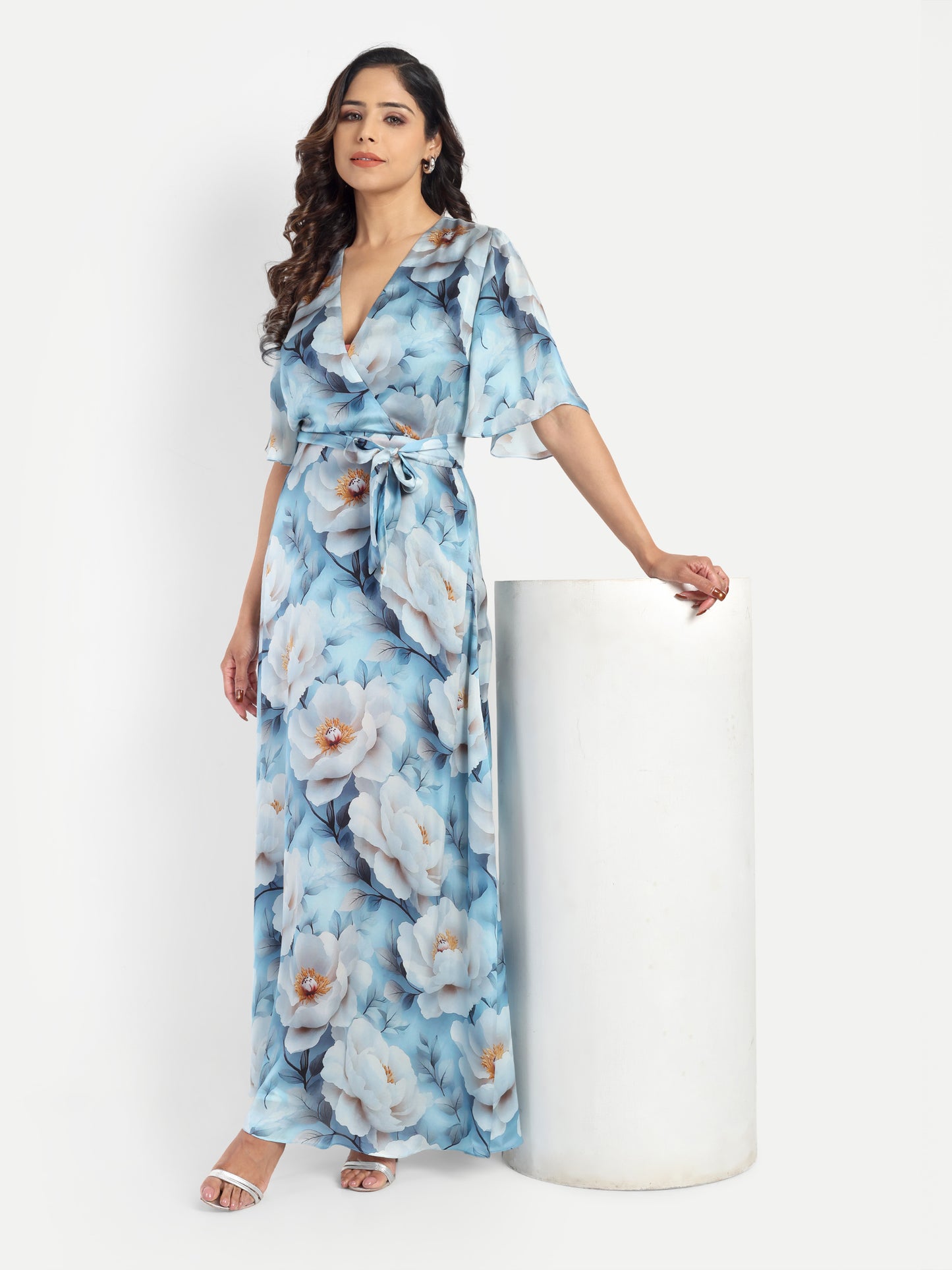 Women’s blue floral Isabella dress with wrap style, flowy maxi fit and elegant stylish design