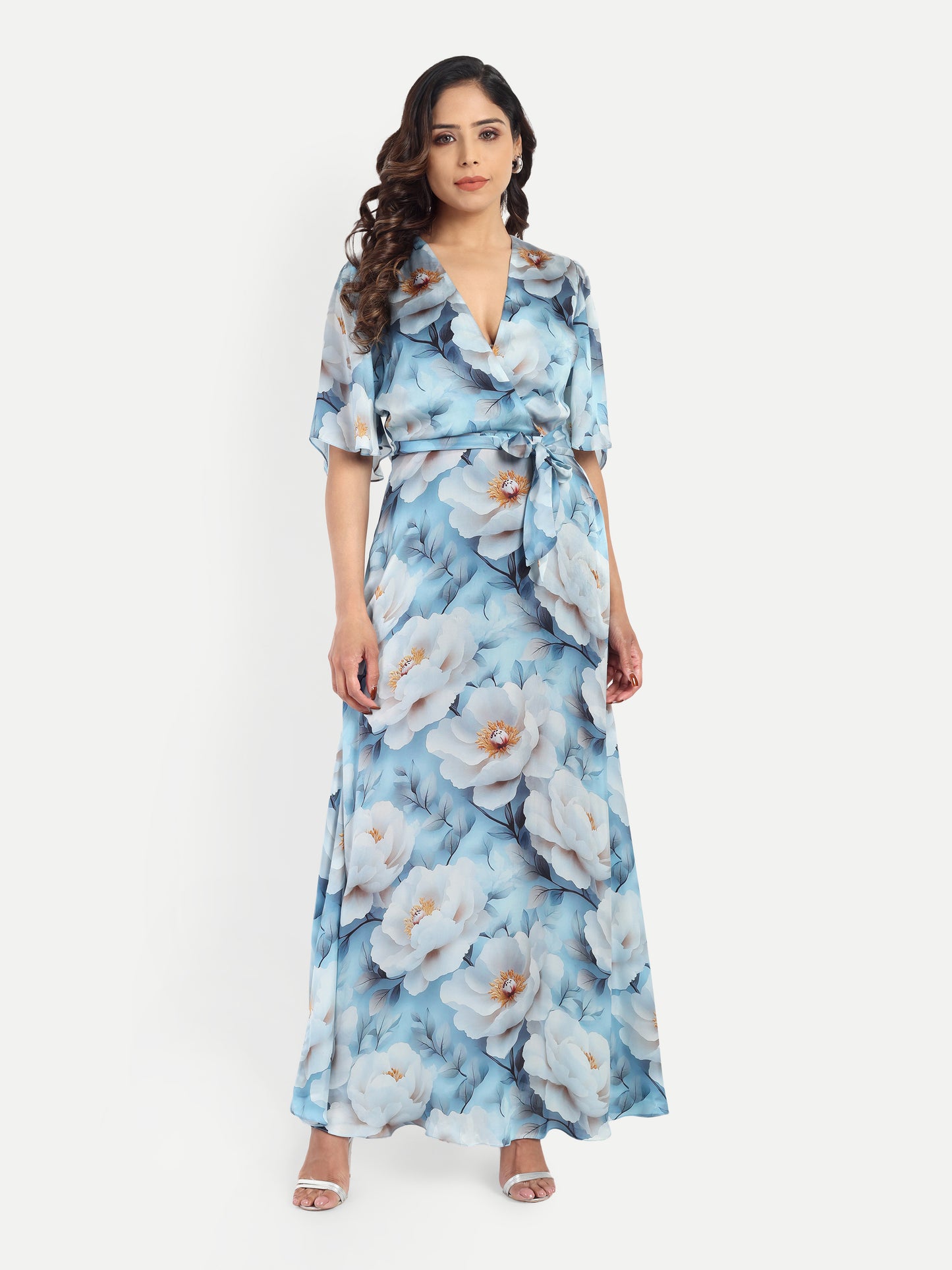 Women’s blue floral Isabella dress with wrap style, flowy maxi fit and elegant stylish design