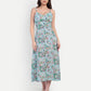 Women’s blue floral Manto midi dress with sleeveless design and fitted silhouette