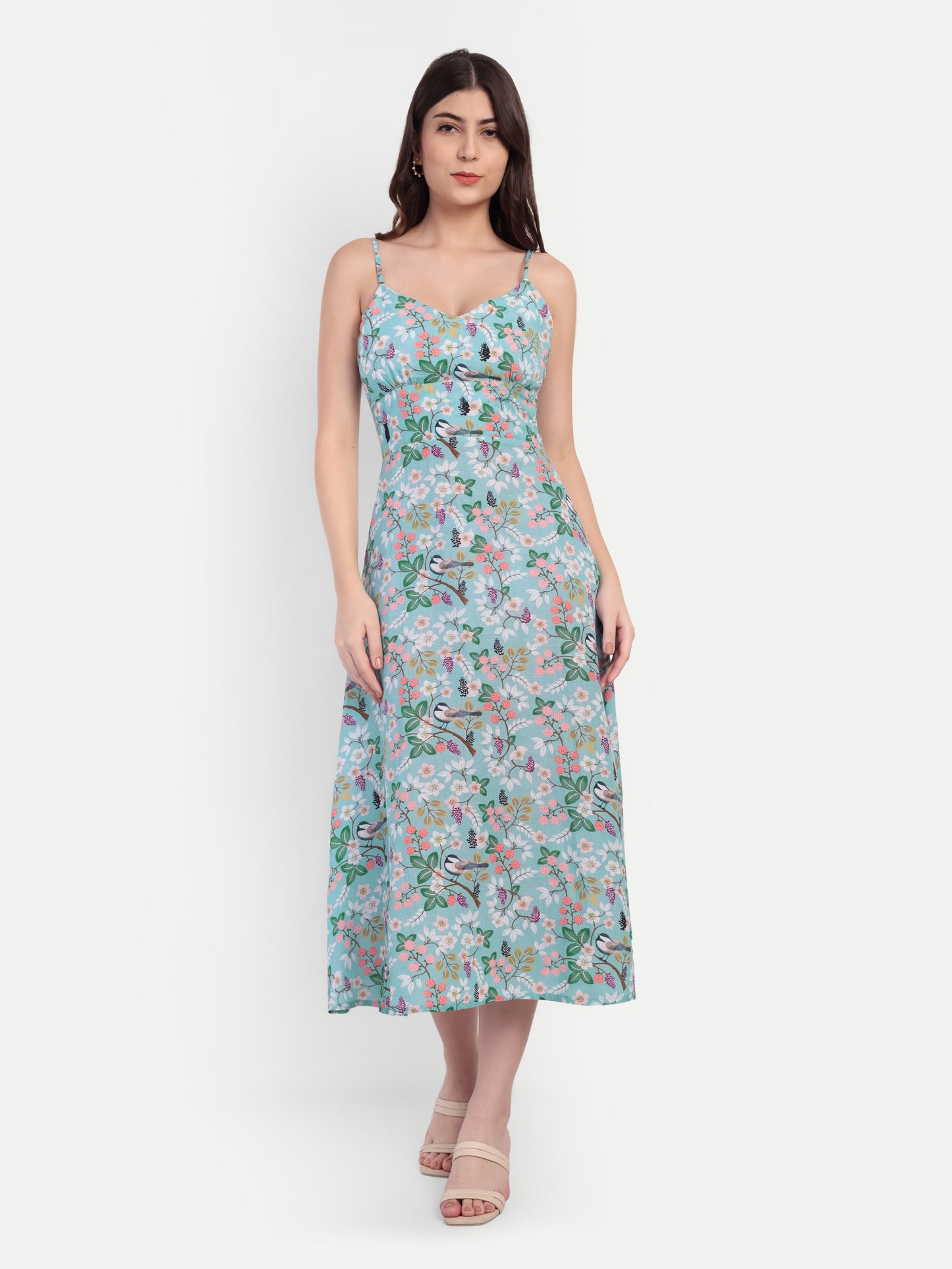 Women’s blue floral Manto midi dress with sleeveless design and fitted silhouette