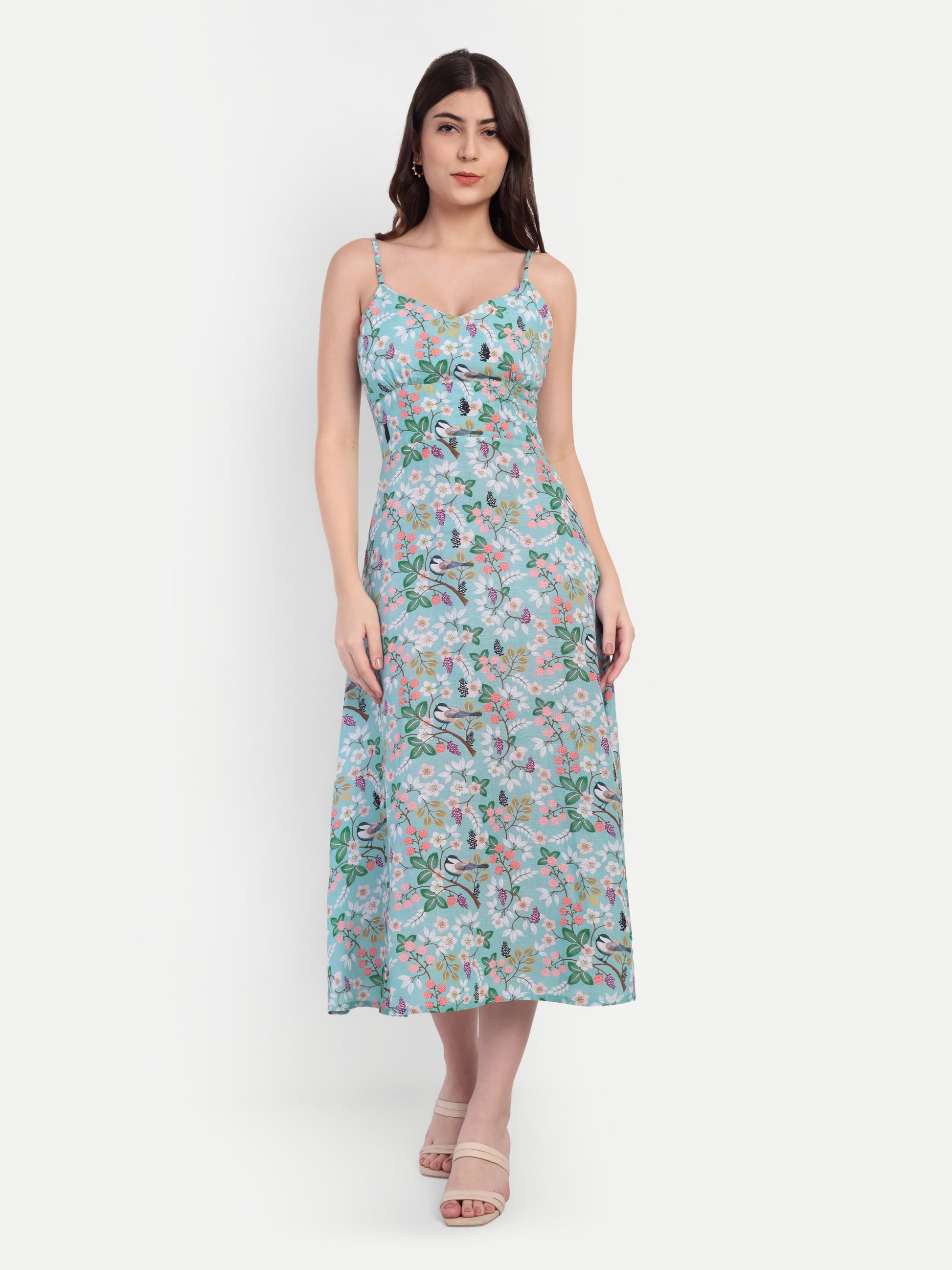 Women’s blue floral Manto midi dress with sleeveless design and fitted silhouette
