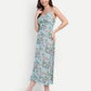 Women’s blue floral Manto midi dress with sleeveless design and fitted silhouette