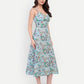 Women’s blue floral Manto midi dress with sleeveless design and fitted silhouette