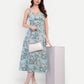 Women’s blue floral Manto midi dress with sleeveless design and fitted silhouette