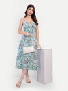 Women’s blue floral Manto midi dress with sleeveless design and fitted silhouette