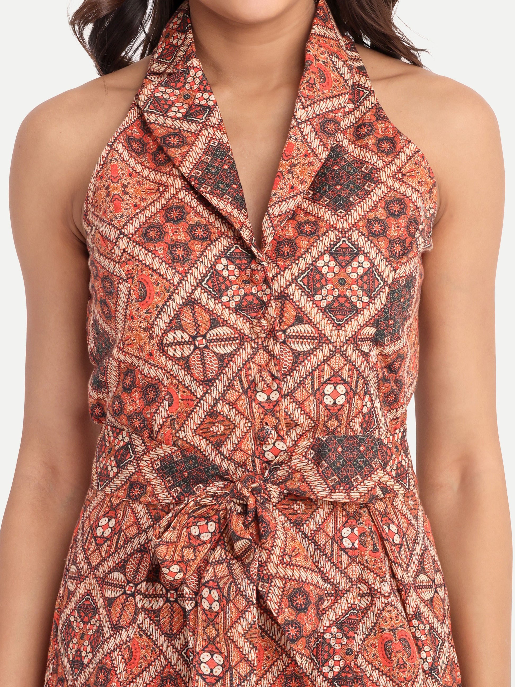 Women’s brown printed Jeni mini dress with sleeveless design and belted waist