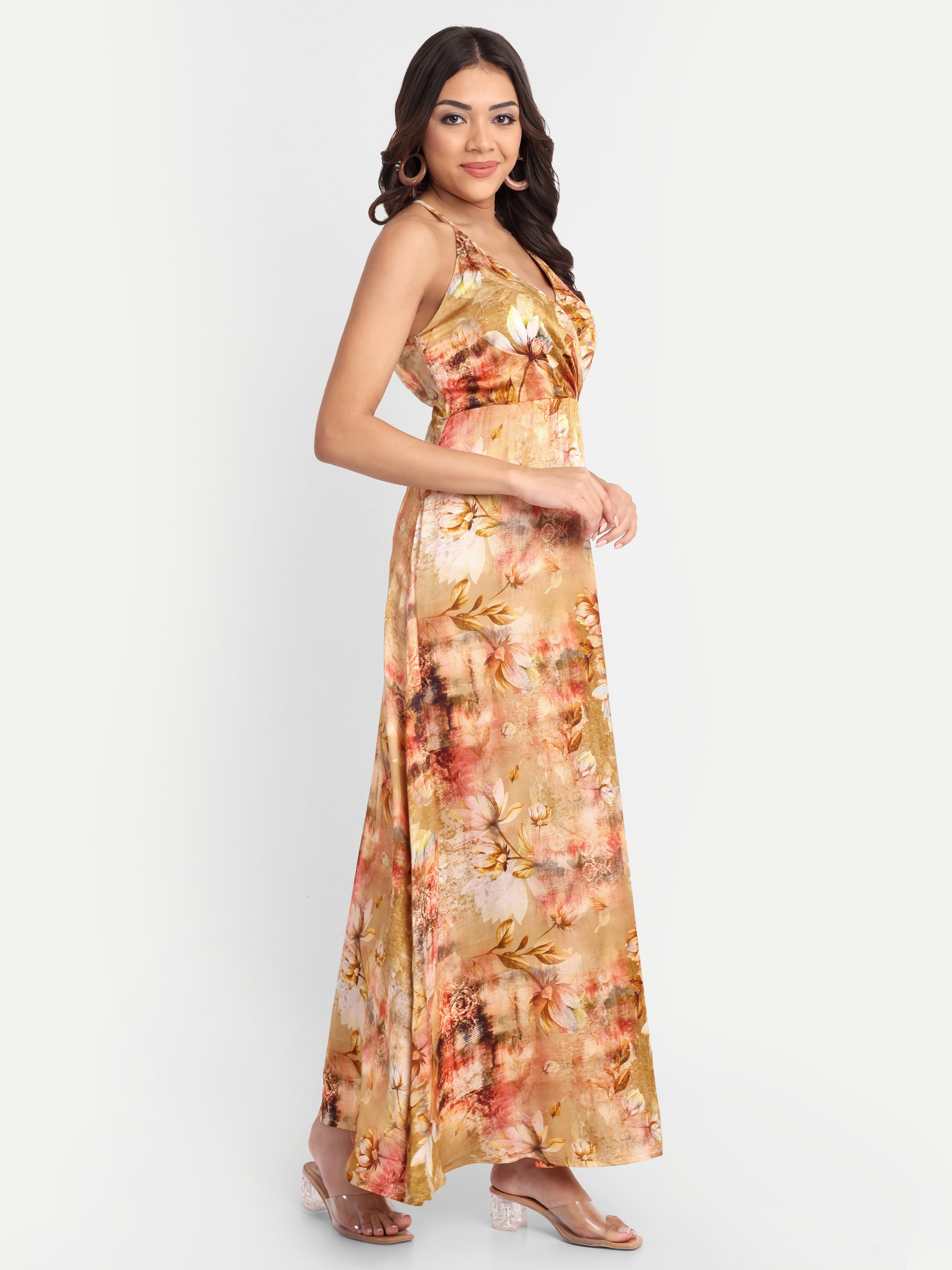Women’s golden floral Vento maxi dress with halter neck and flowy silhouette