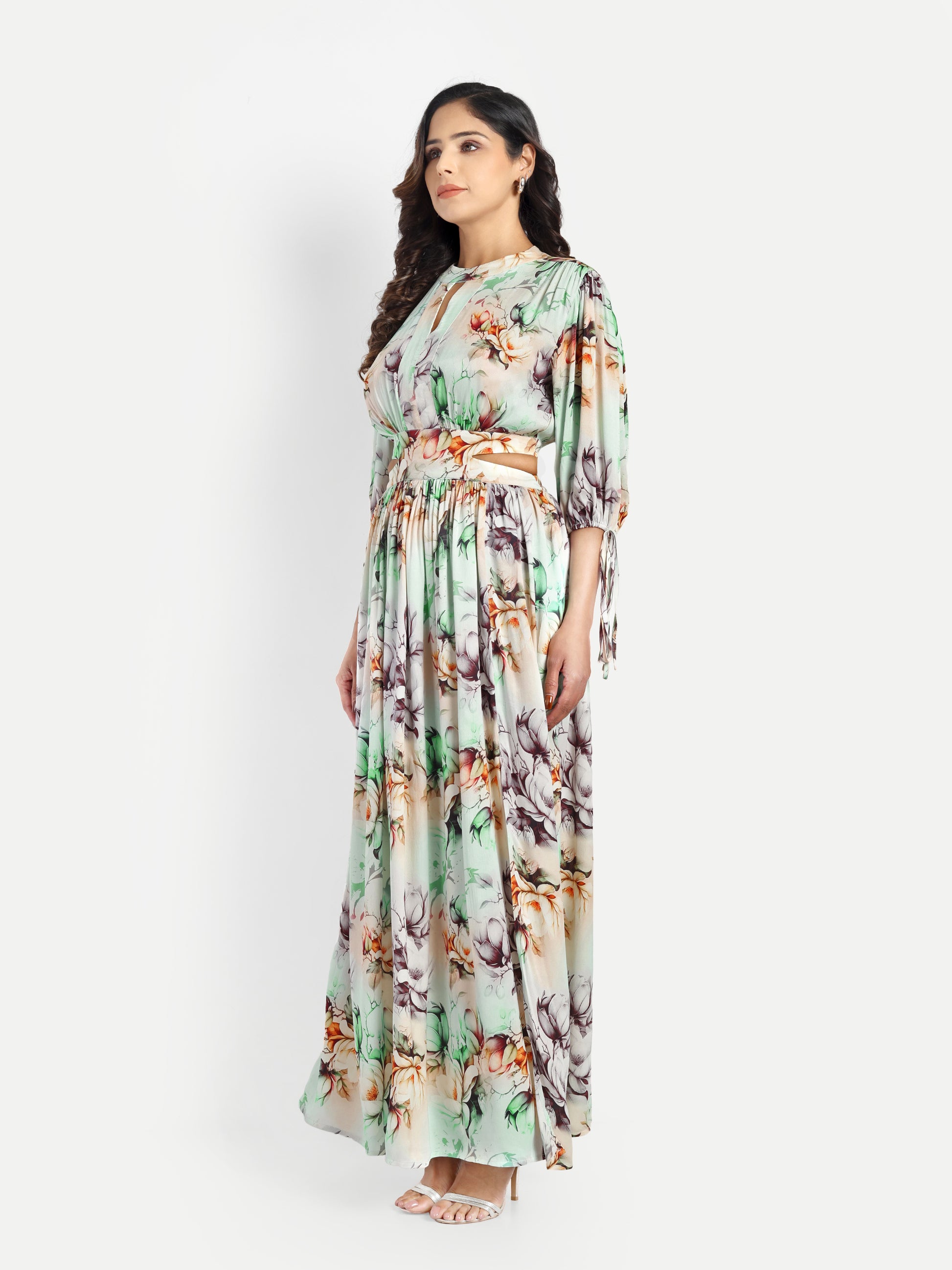 Women’s green floral Selesia dress with flowy maxi fit, side slit and elegant stylish design