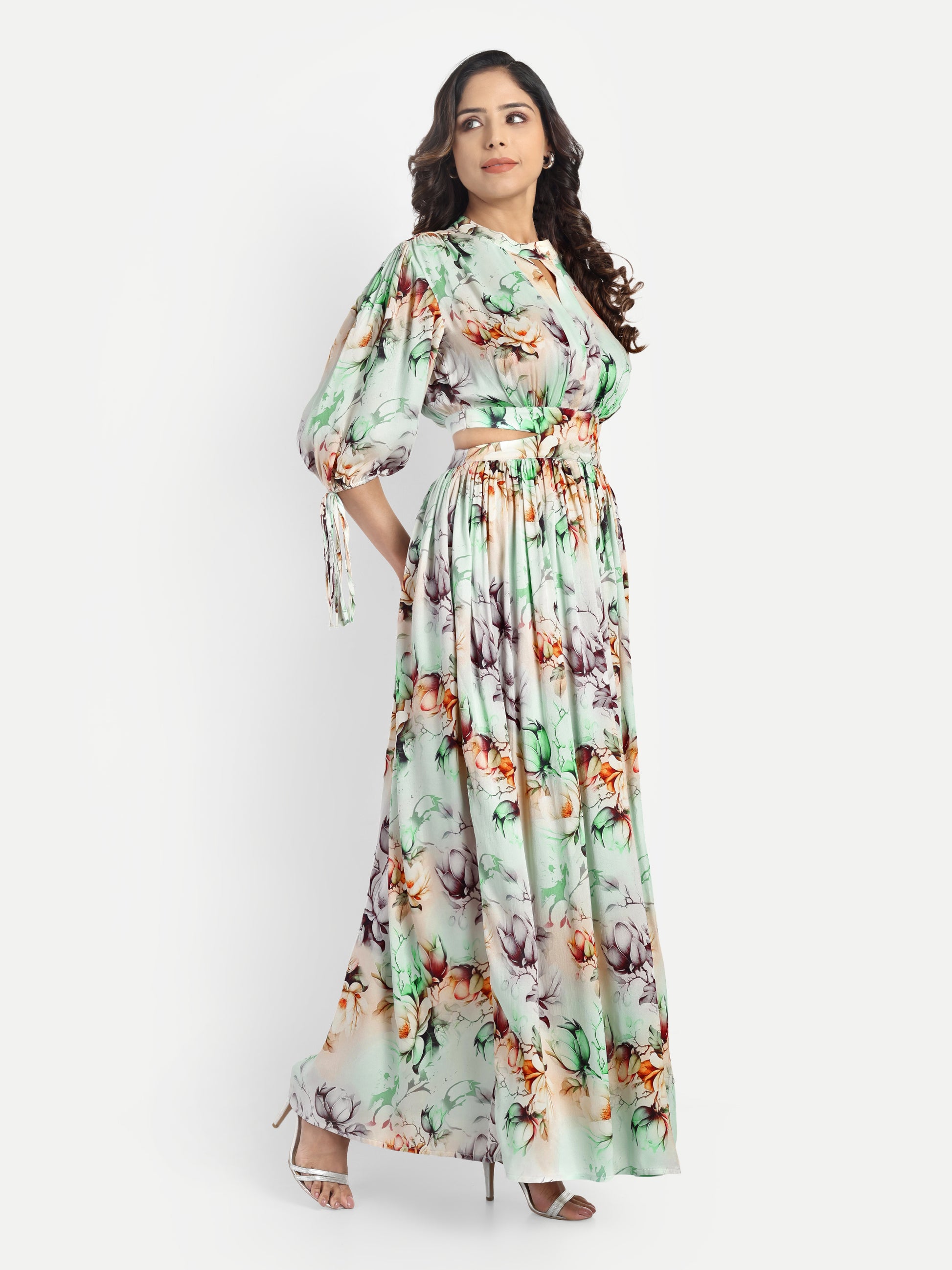 Women’s green floral Selesia dress with flowy maxi fit, side slit and elegant stylish design
