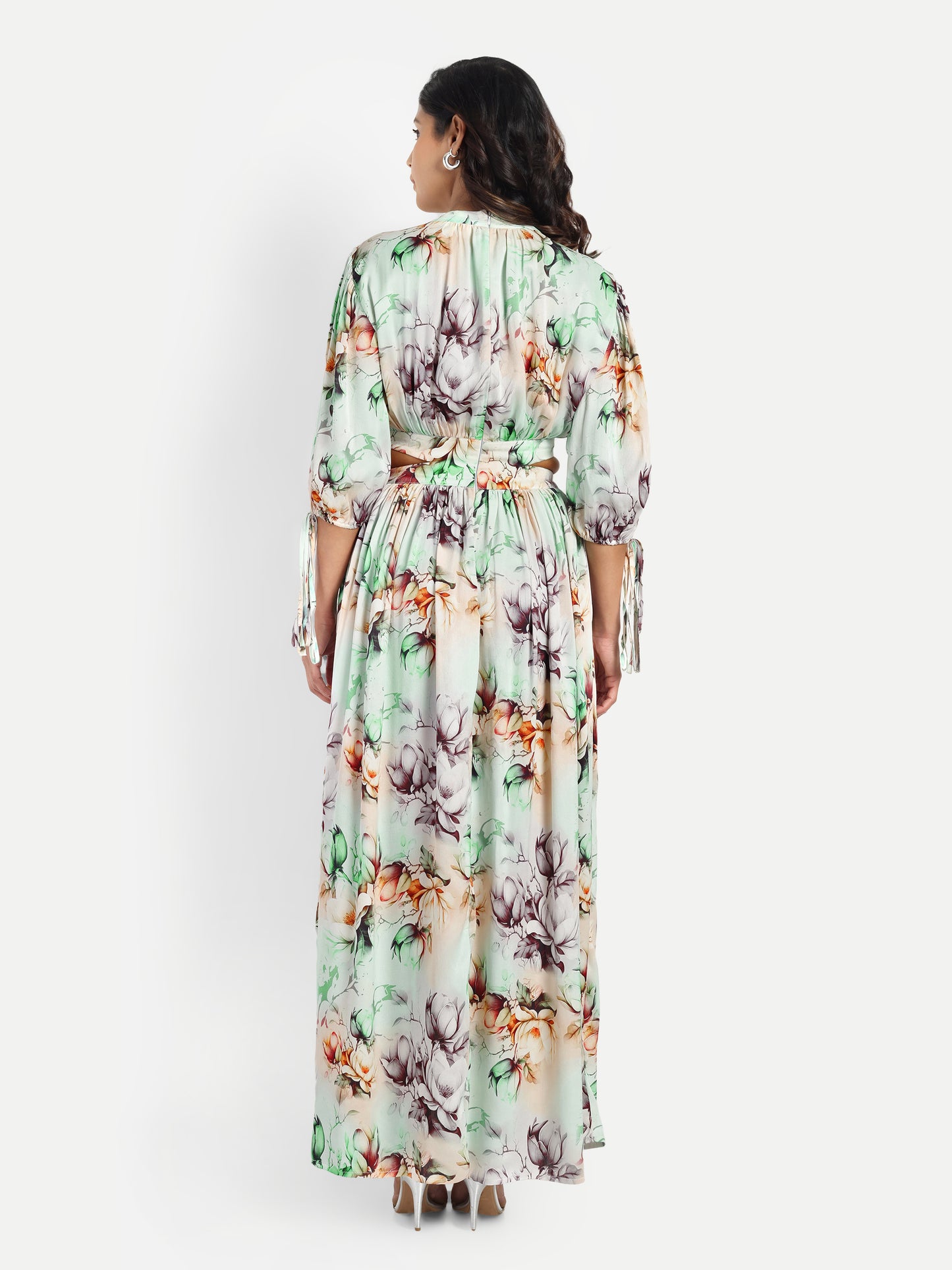 Women’s green floral Selesia dress with flowy maxi fit, side slit and elegant stylish design