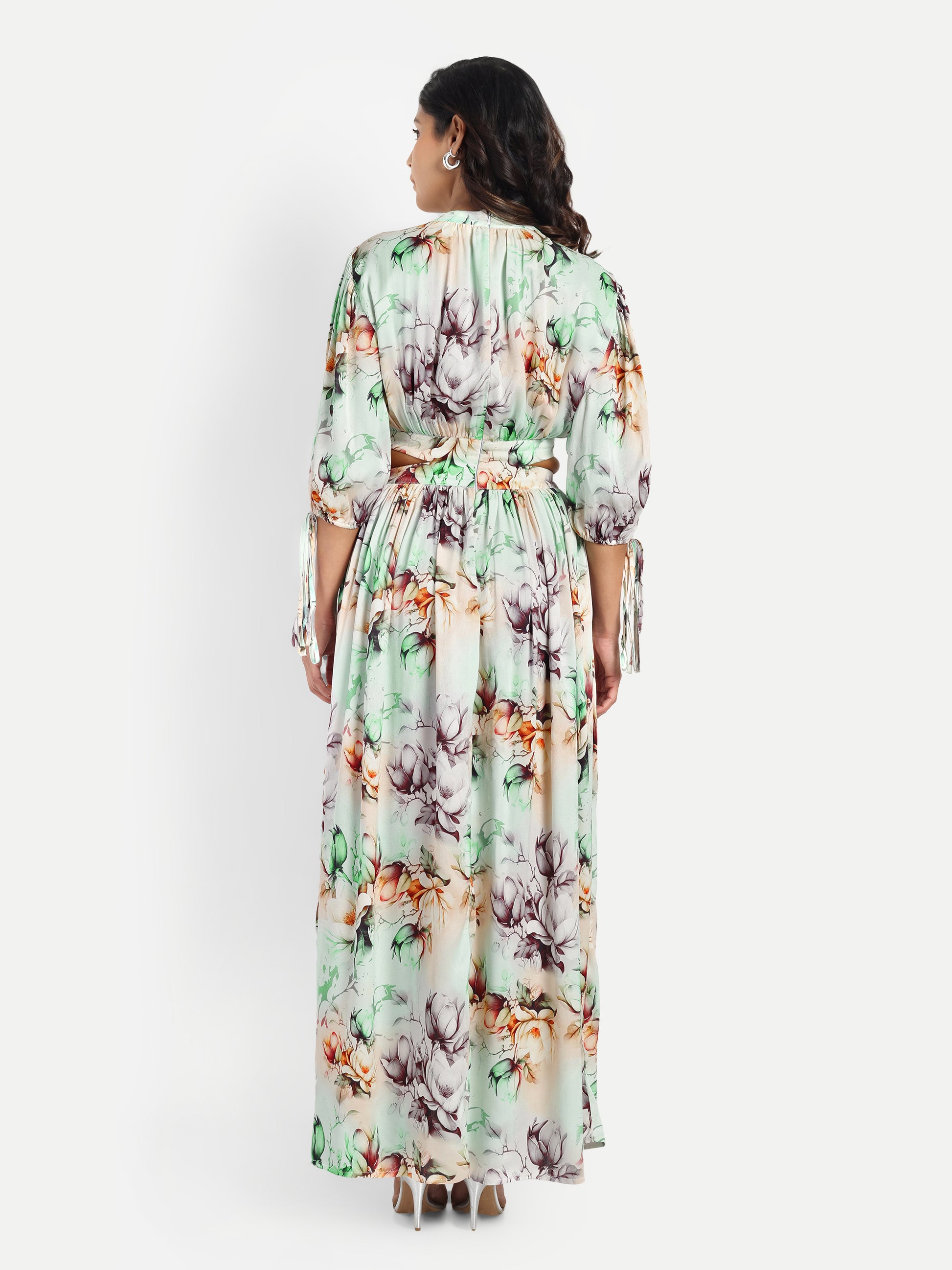 Women’s green floral Selesia dress with flowy maxi fit, side slit and elegant stylish design