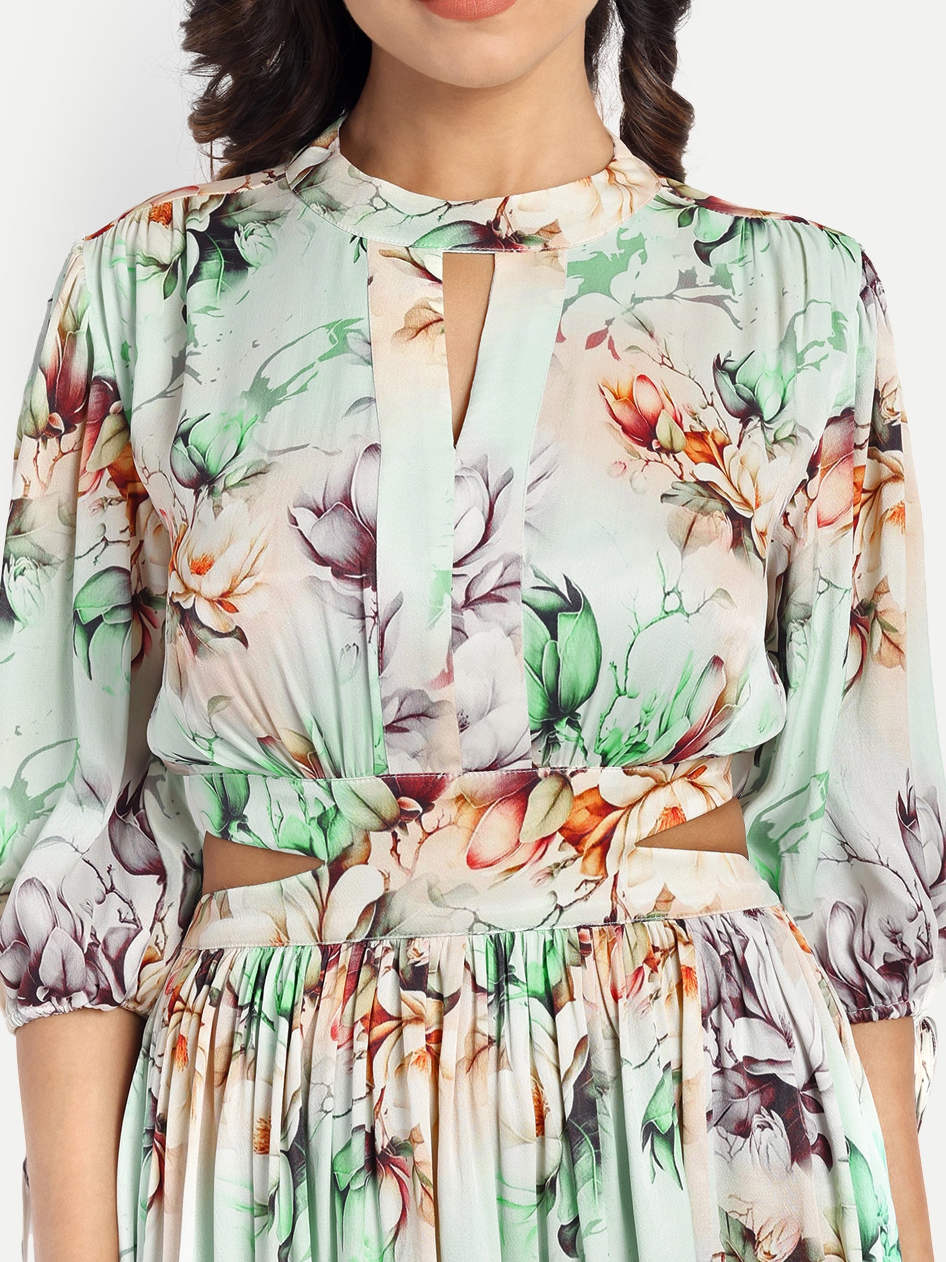 Women’s green floral Selesia dress with flowy maxi fit, side slit and elegant stylish design