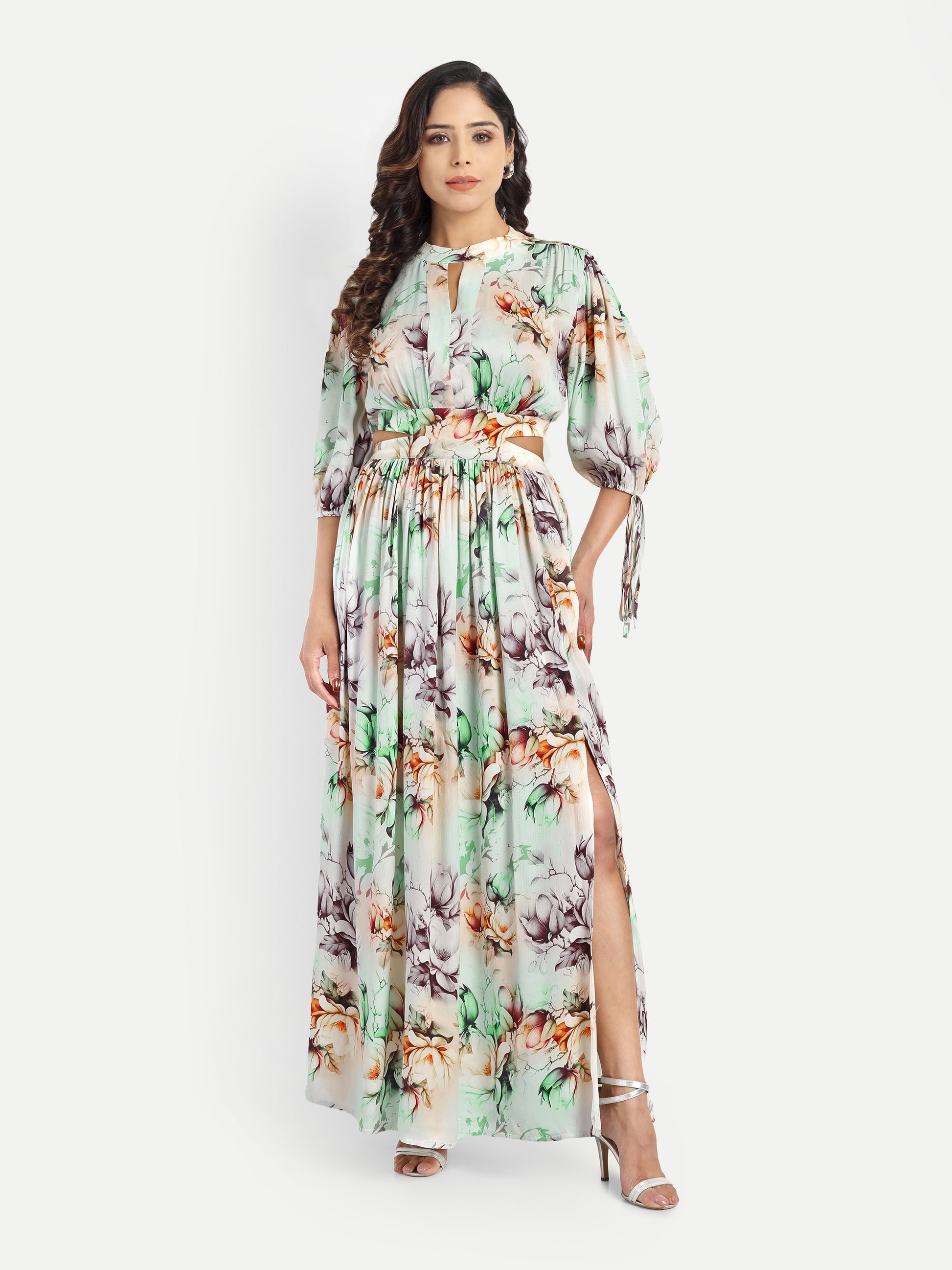 Women’s green floral Selesia dress with flowy maxi fit, side slit and elegant stylish design