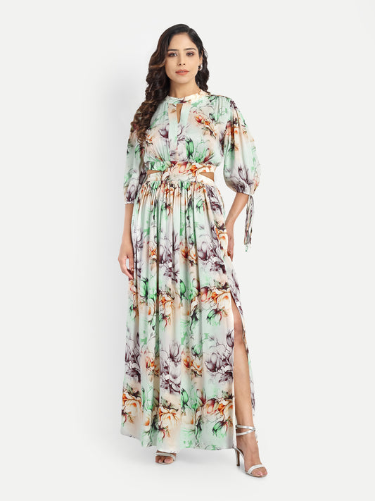 Women’s green floral Selesia dress with flowy maxi fit, side slit and elegant stylish design
