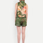 Women’s green floral Sito jacket CB set with sleeveless jacket and matching shorts