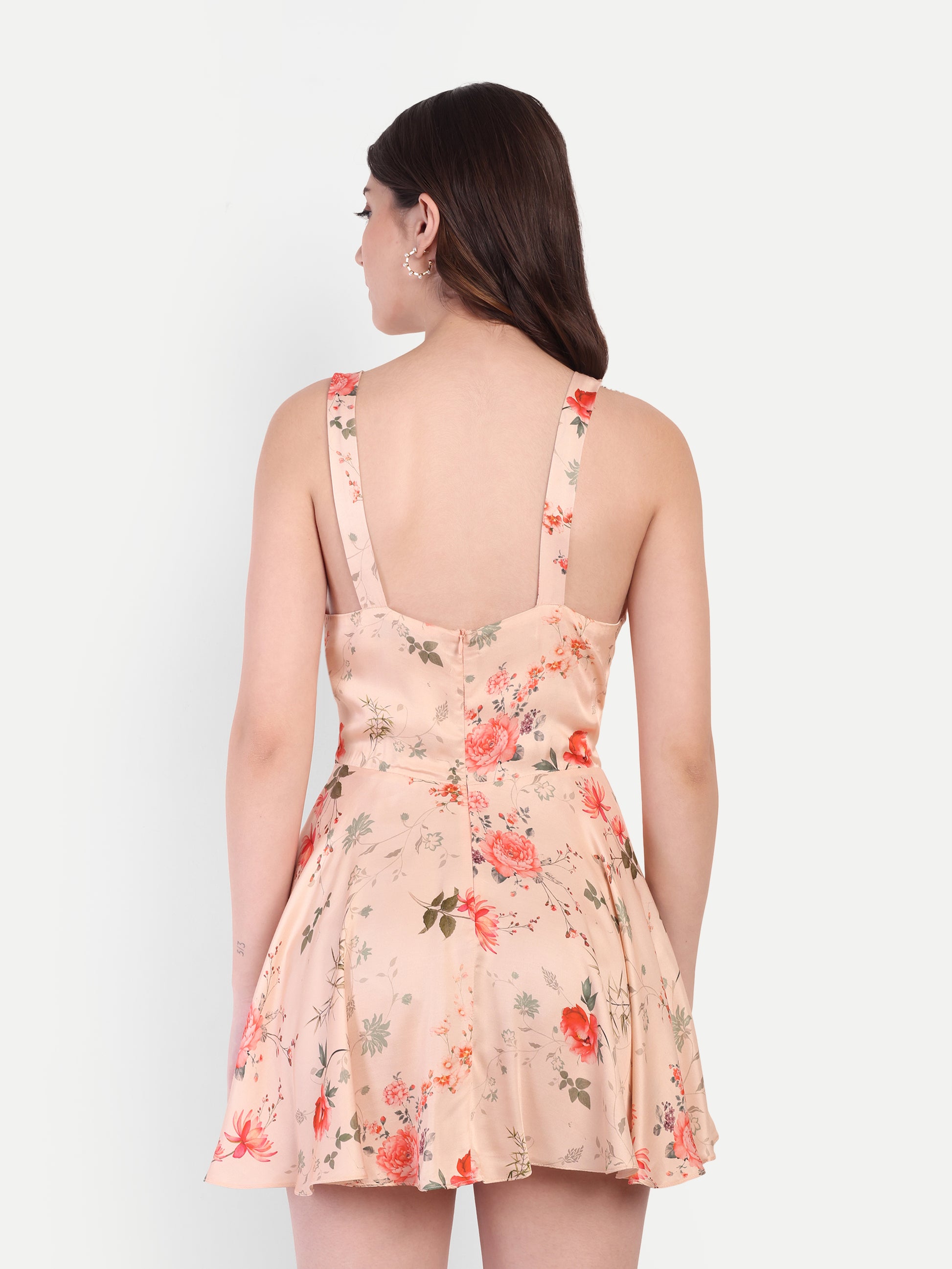 Women’s peach floral Kazo mini dress with sleeveless design and flared fit