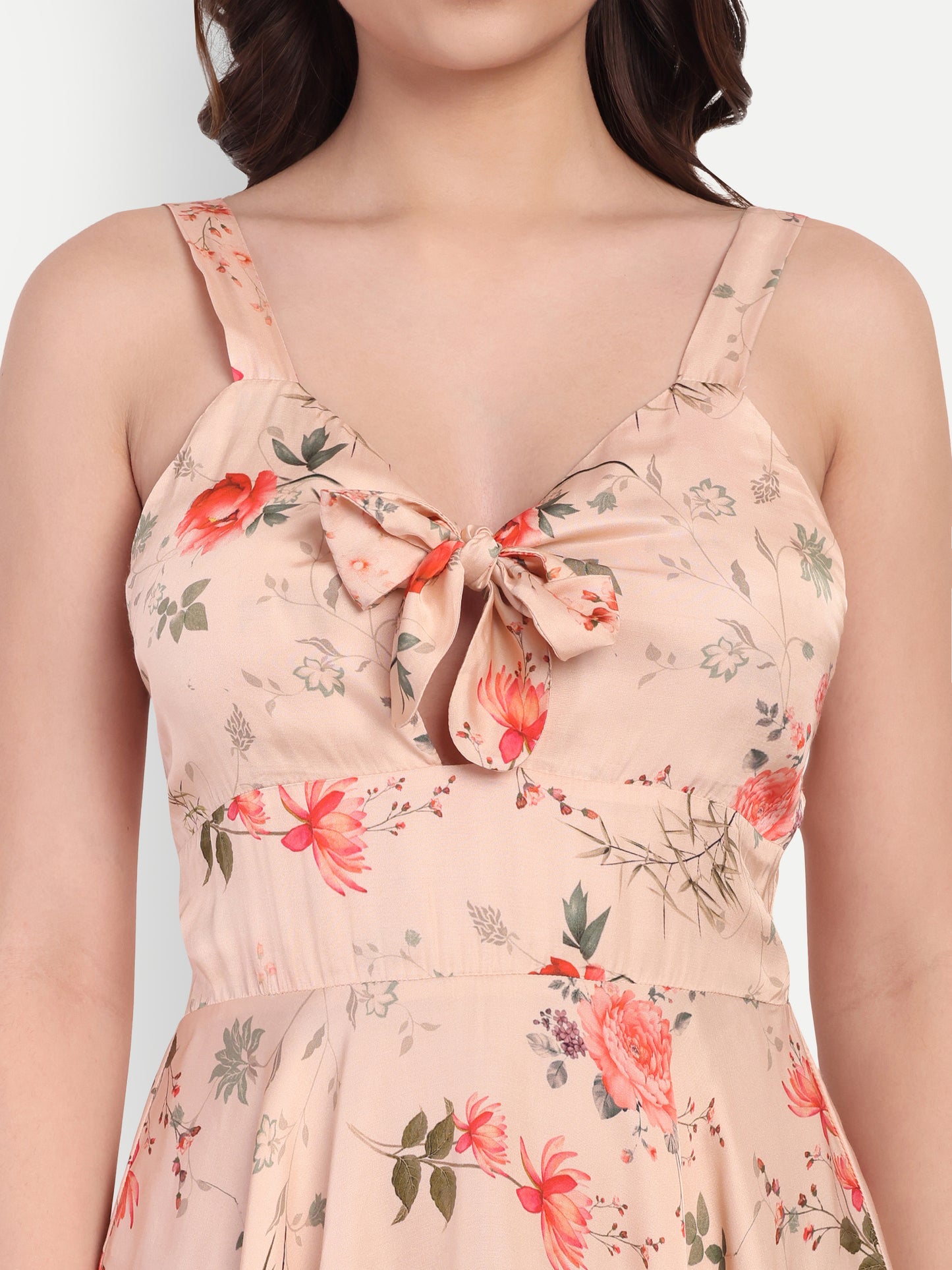 Women’s peach floral Kazo mini dress with sleeveless design and flared fit