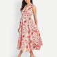 Women’s peach floral Kuku flared midi dress with sleeveless design and flowy silhouette