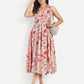 Women’s peach floral Kuku flared midi dress with sleeveless design and flowy silhouette
