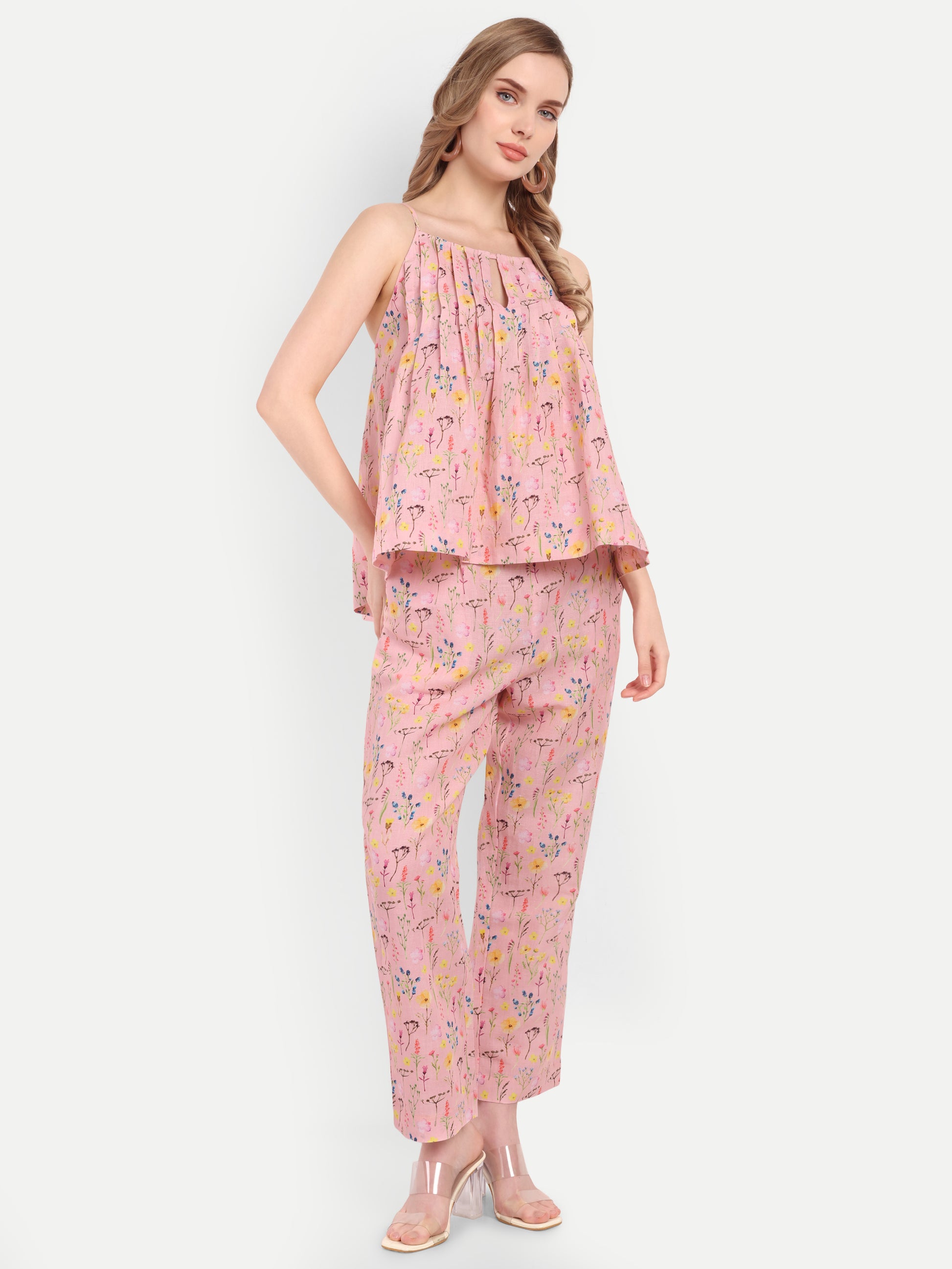 Women’s pink floral Lelo sleeveless top with keyhole neckline and relaxed fit