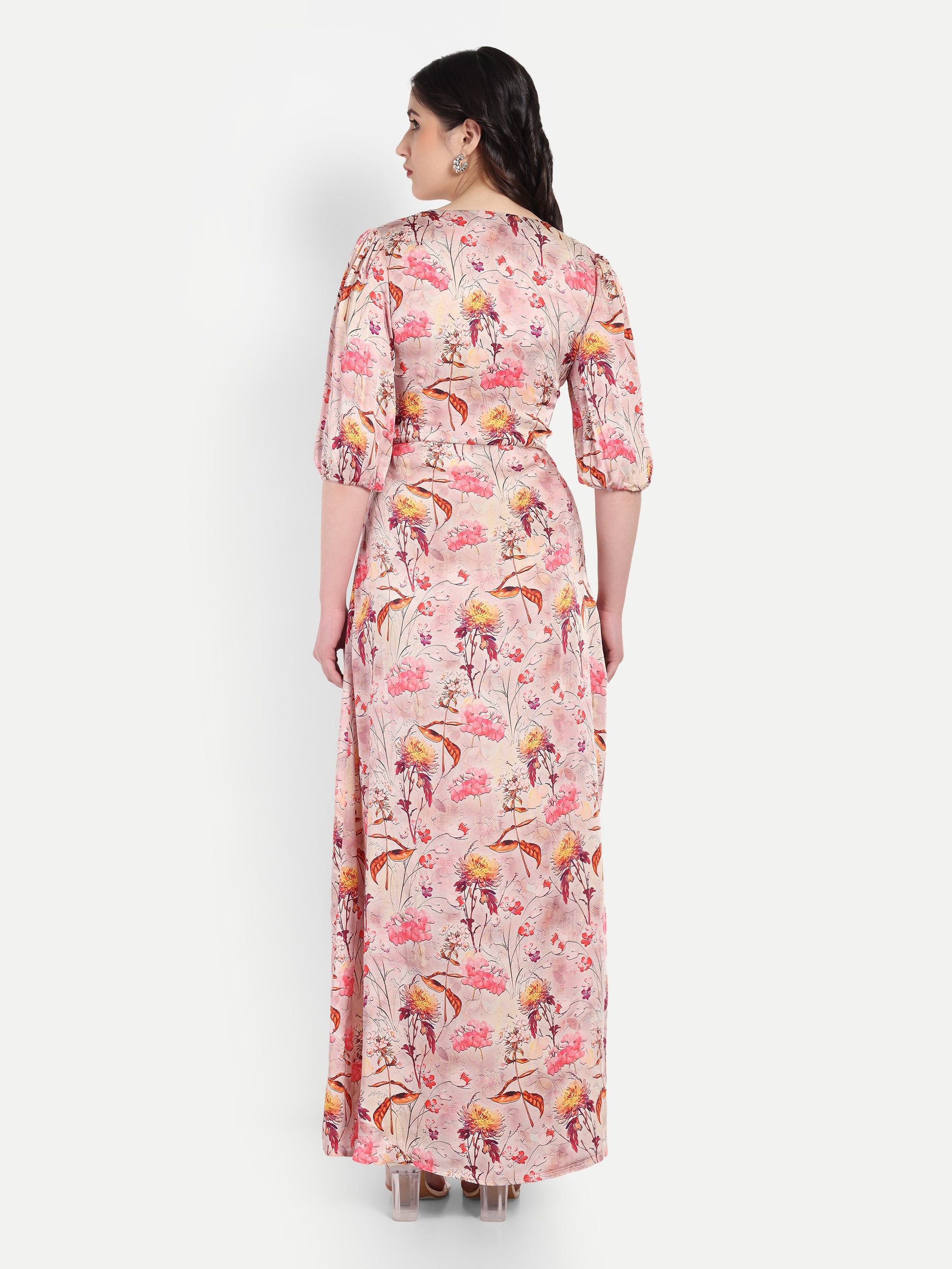 Women’s pink floral Vincy dress with flowy maxi fit, soft silhouette and elegant stylish design