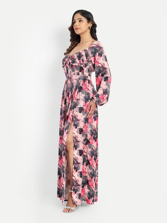Women’s pink floral Zoe dress with long sleeves, flowy maxi fit and elegant stylish design