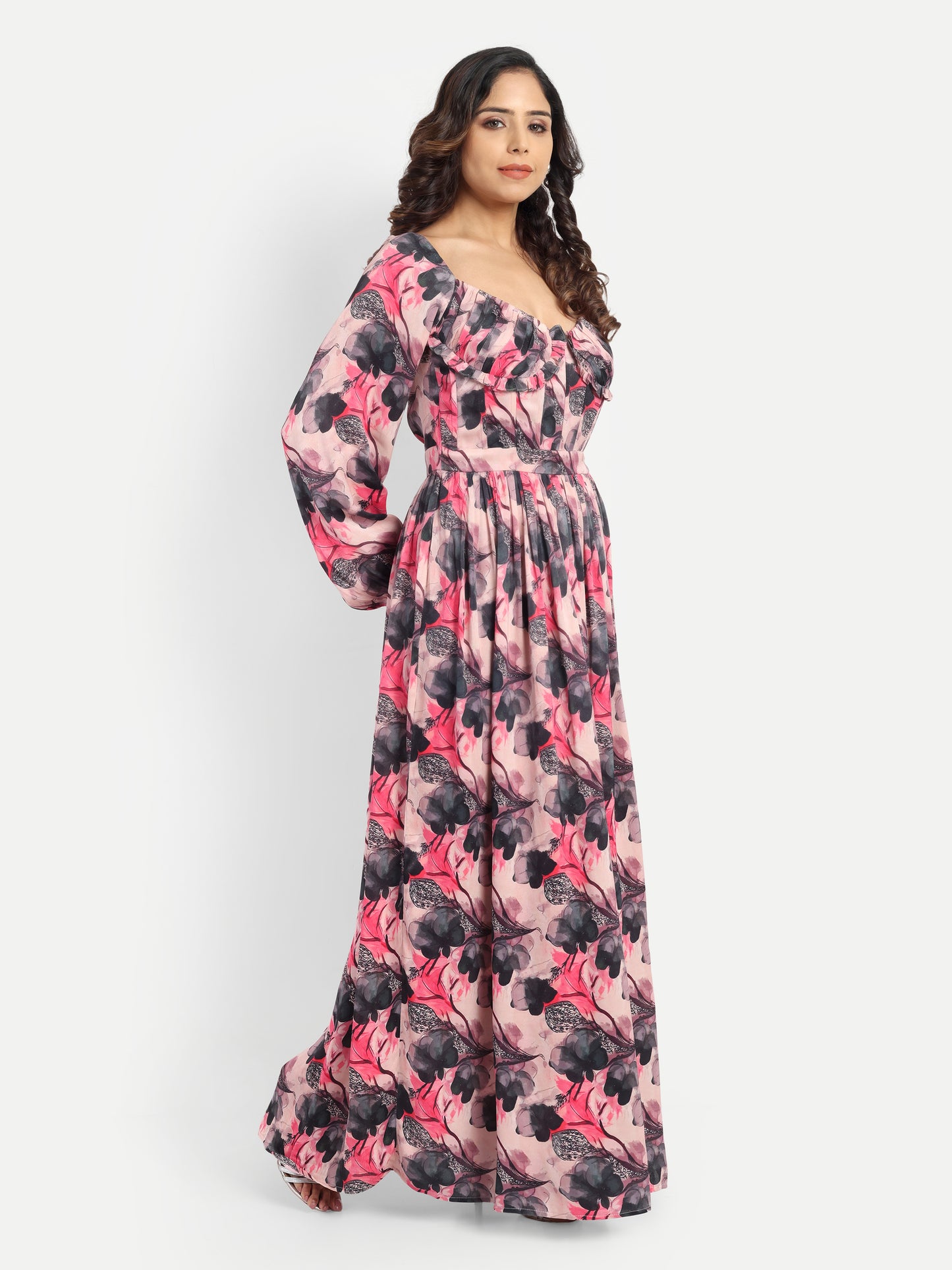 Women’s pink floral Zoe dress with long sleeves, flowy maxi fit and elegant stylish design