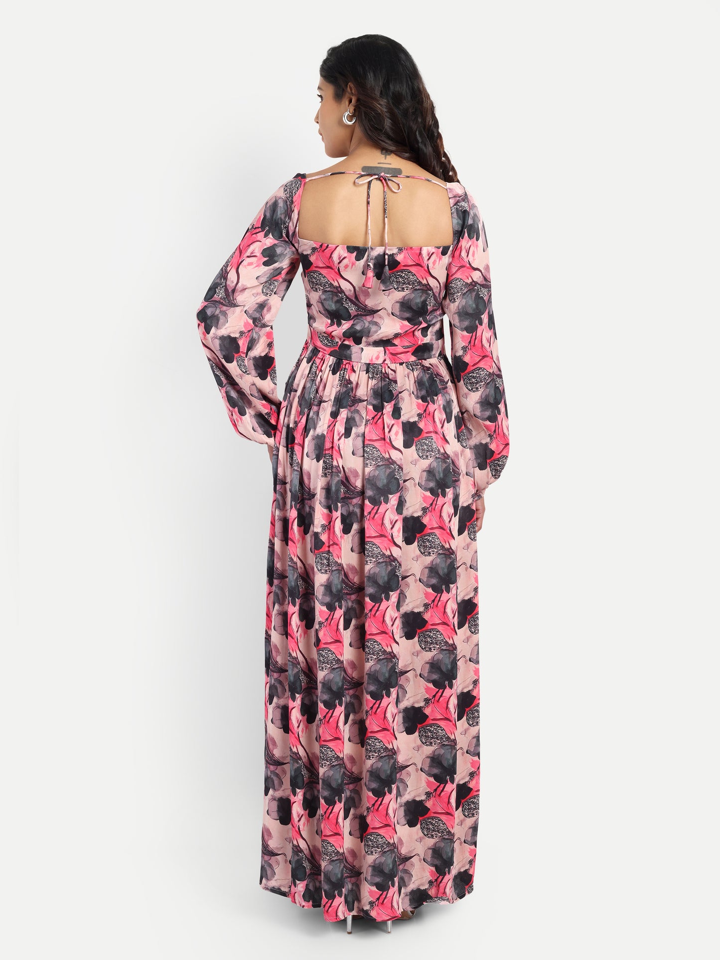 Women’s pink floral Zoe dress with long sleeves, flowy maxi fit and elegant stylish design