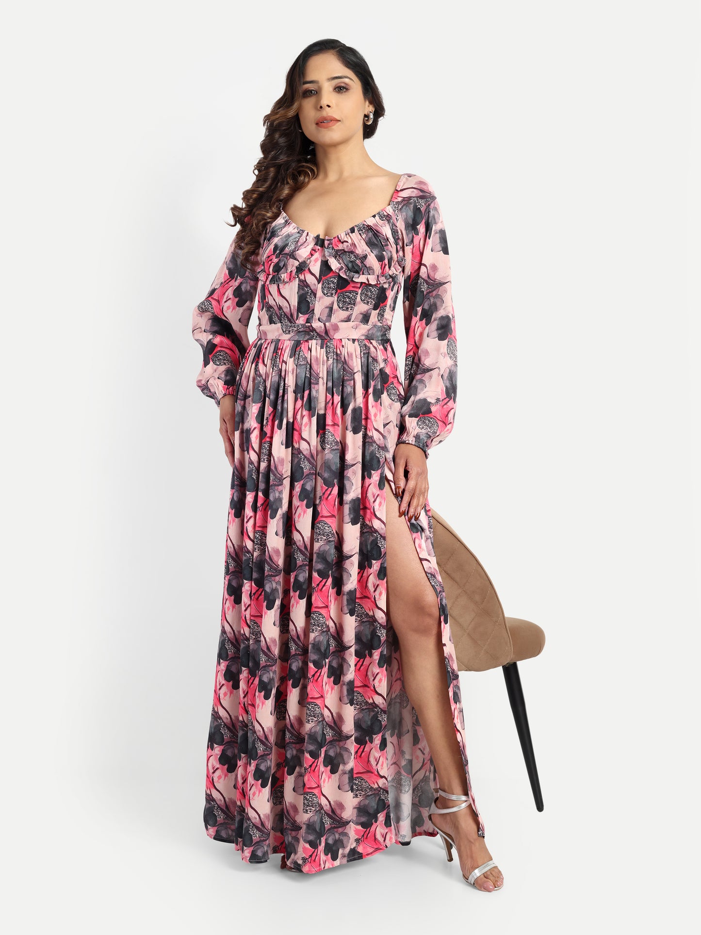 Women’s pink floral Zoe dress with long sleeves, flowy maxi fit and elegant stylish design