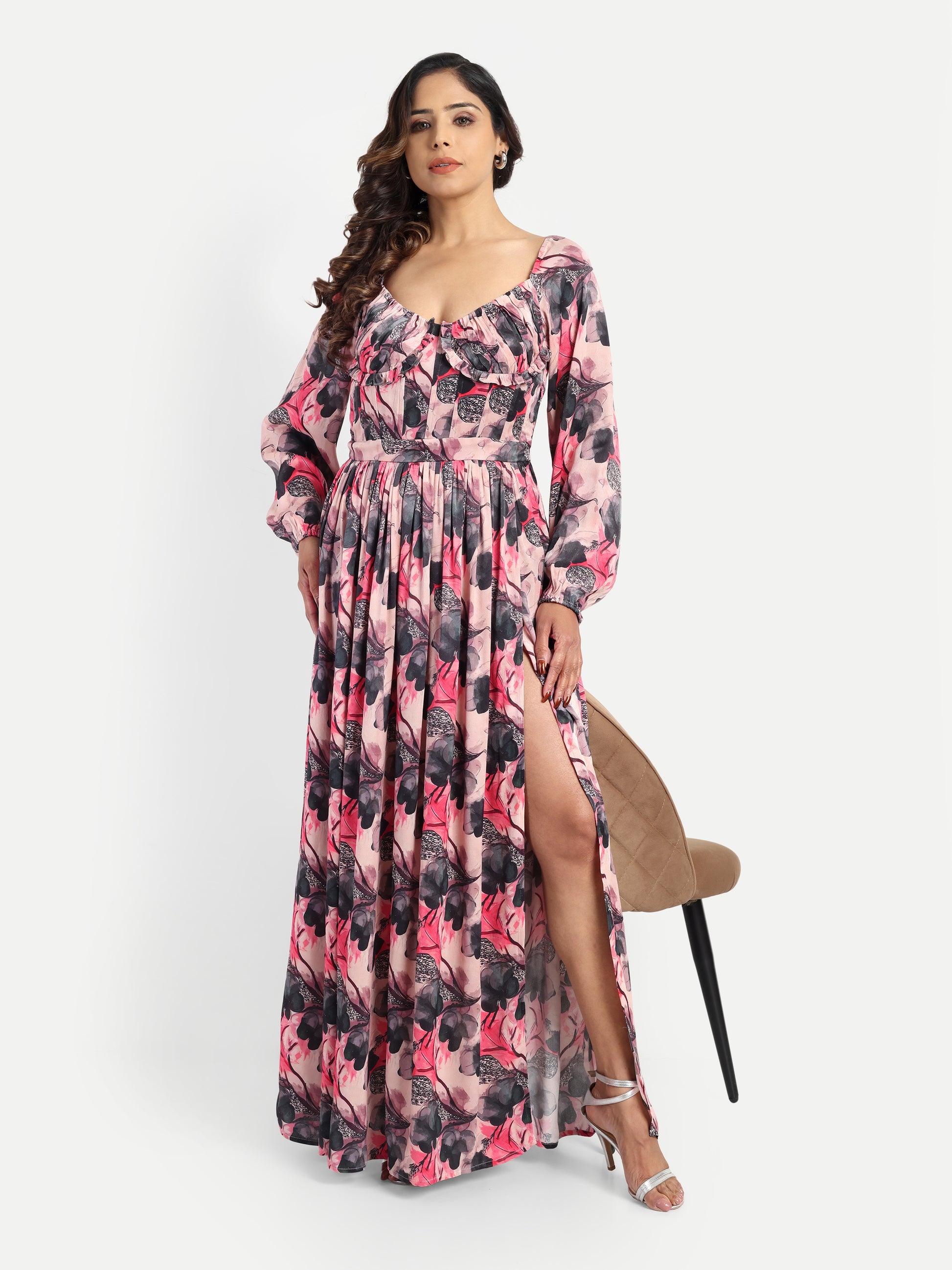 Women’s pink floral Zoe dress with long sleeves, flowy maxi fit and elegant stylish design