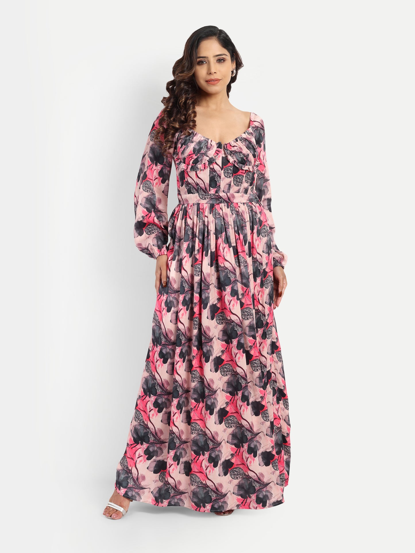 Women’s pink floral Zoe dress with long sleeves, flowy maxi fit and elegant stylish design