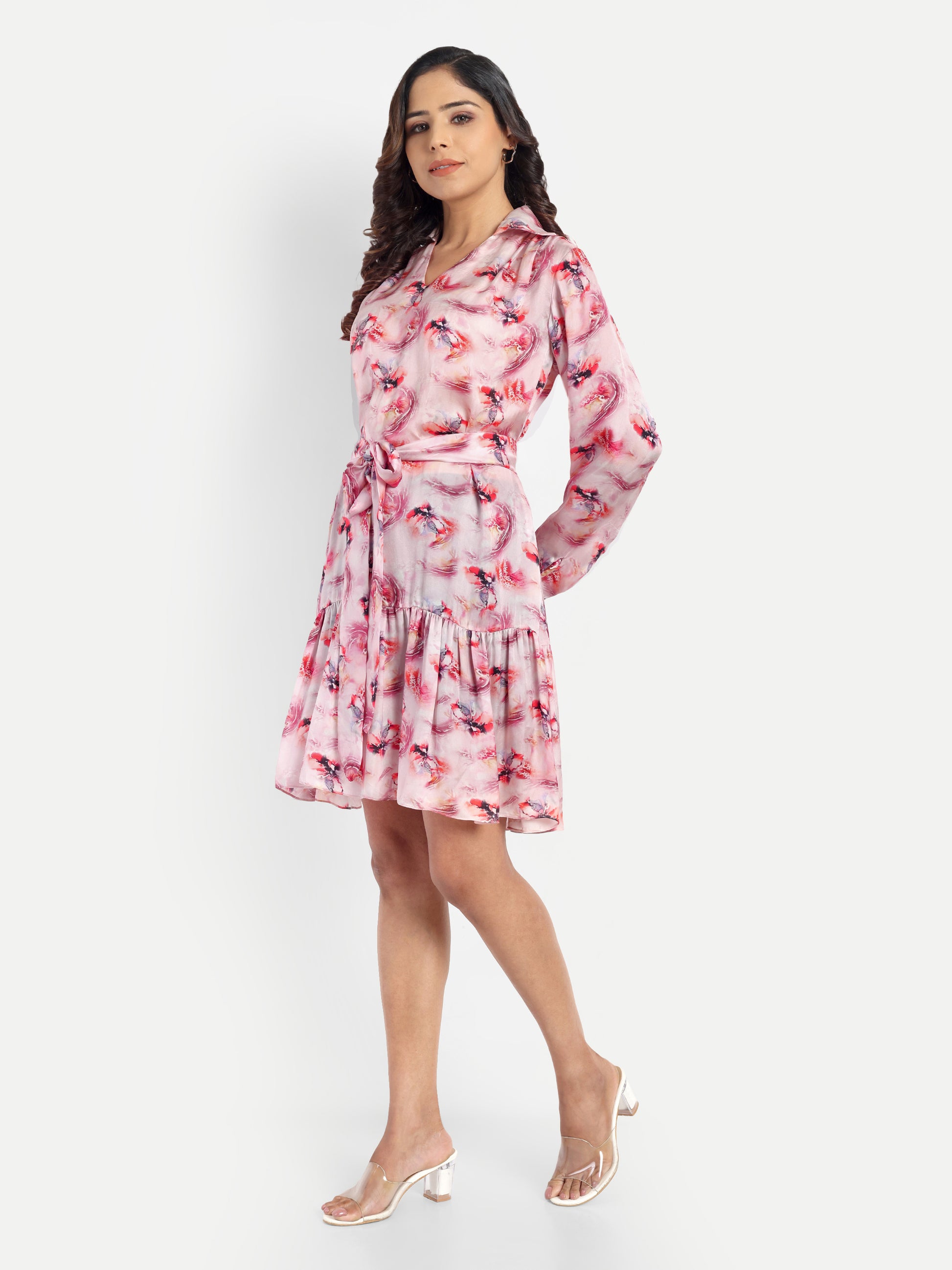 Women’s pink printed Emma dress with long sleeves, tie-up waist and flowy silhouette