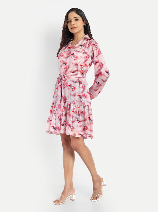 Women’s pink printed Emma dress with long sleeves, tie-up waist and flowy silhouette
