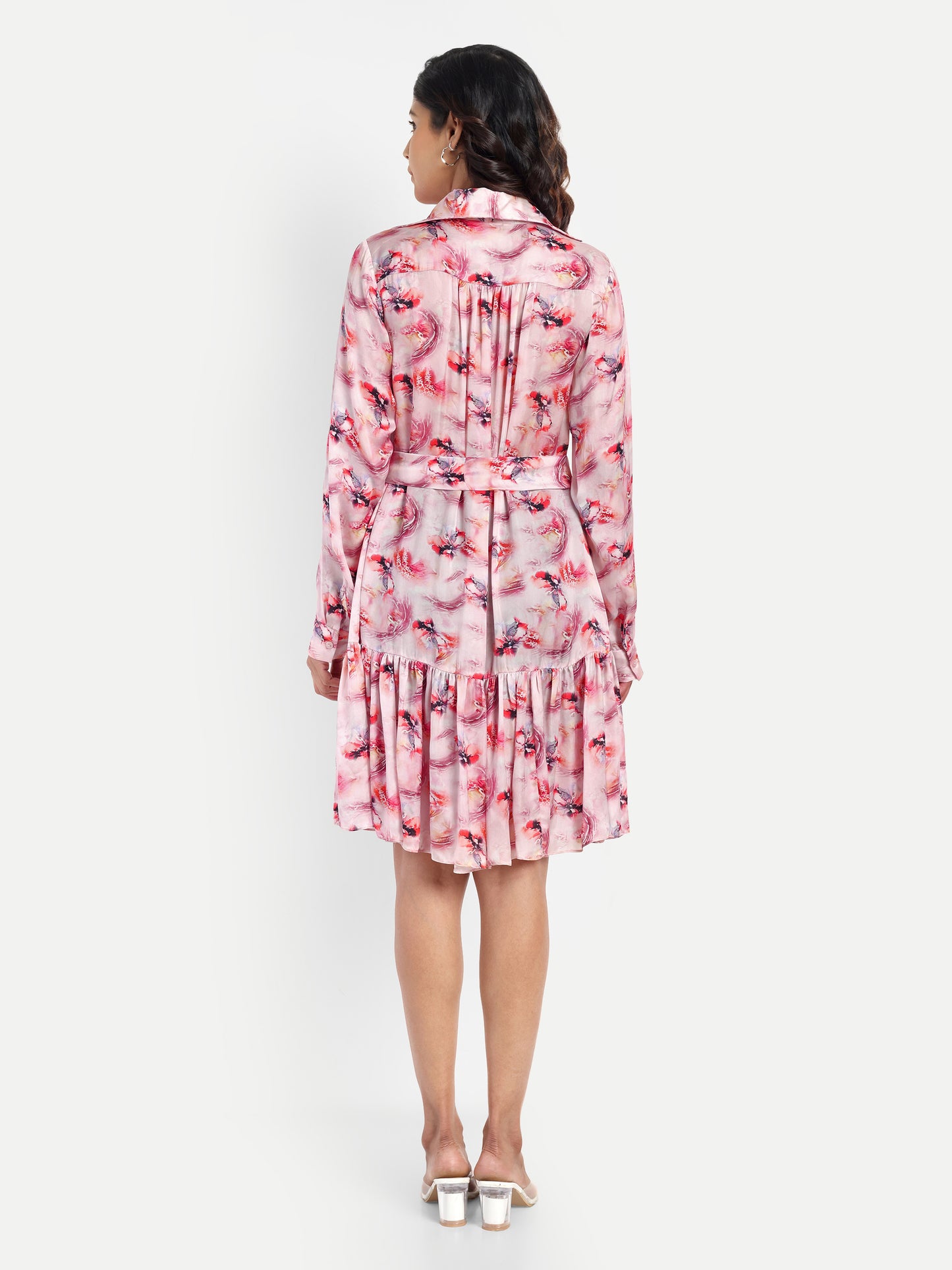 Women’s pink printed Emma dress with long sleeves, tie-up waist and flowy silhouette
