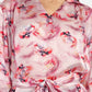 Women’s pink printed Emma dress with long sleeves, tie-up waist and flowy silhouette