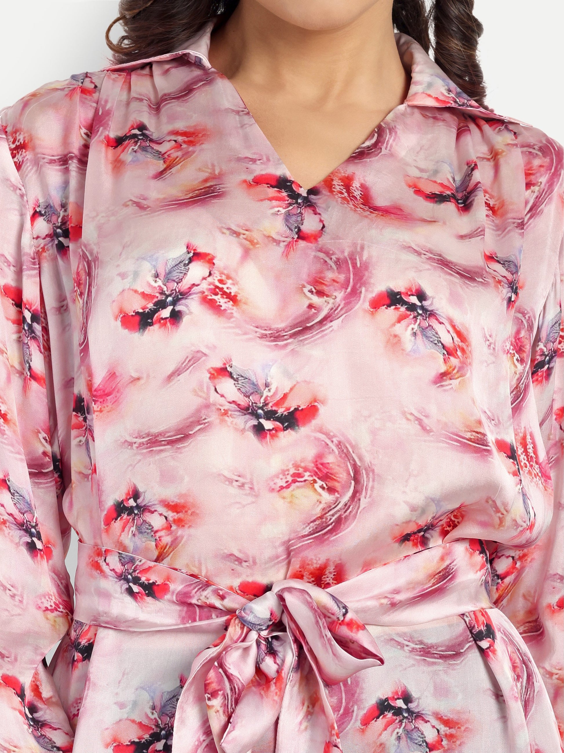 Women’s pink printed Emma dress with long sleeves, tie-up waist and flowy silhouette