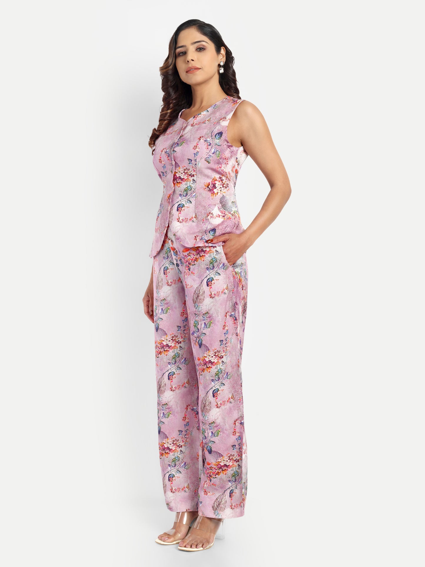 Women’s pink printed Isla jacket CB set with sleeveless jacket and matching straight-fit pants