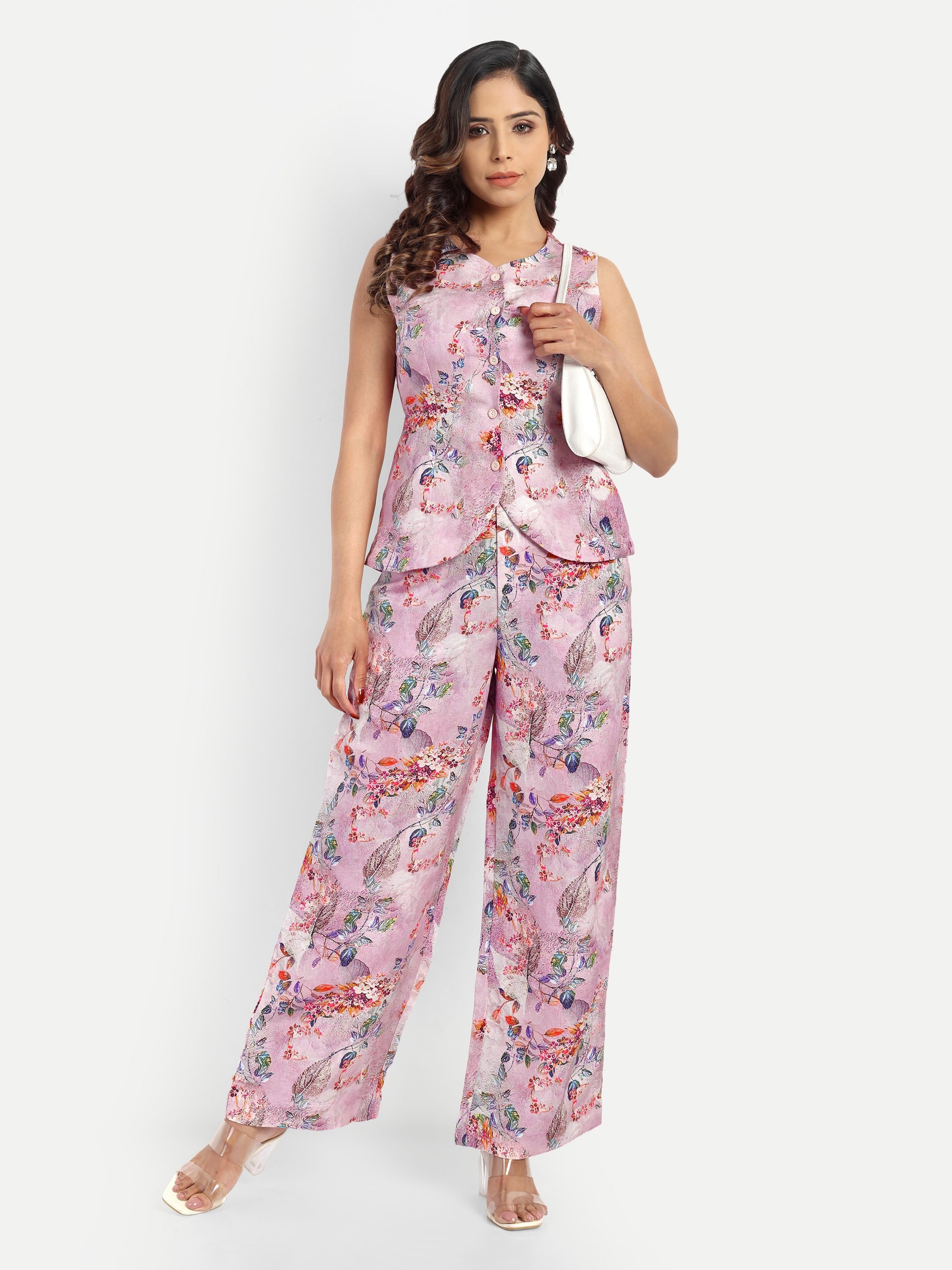 Women’s pink printed Isla jacket CB set with sleeveless jacket and matching straight-fit pants