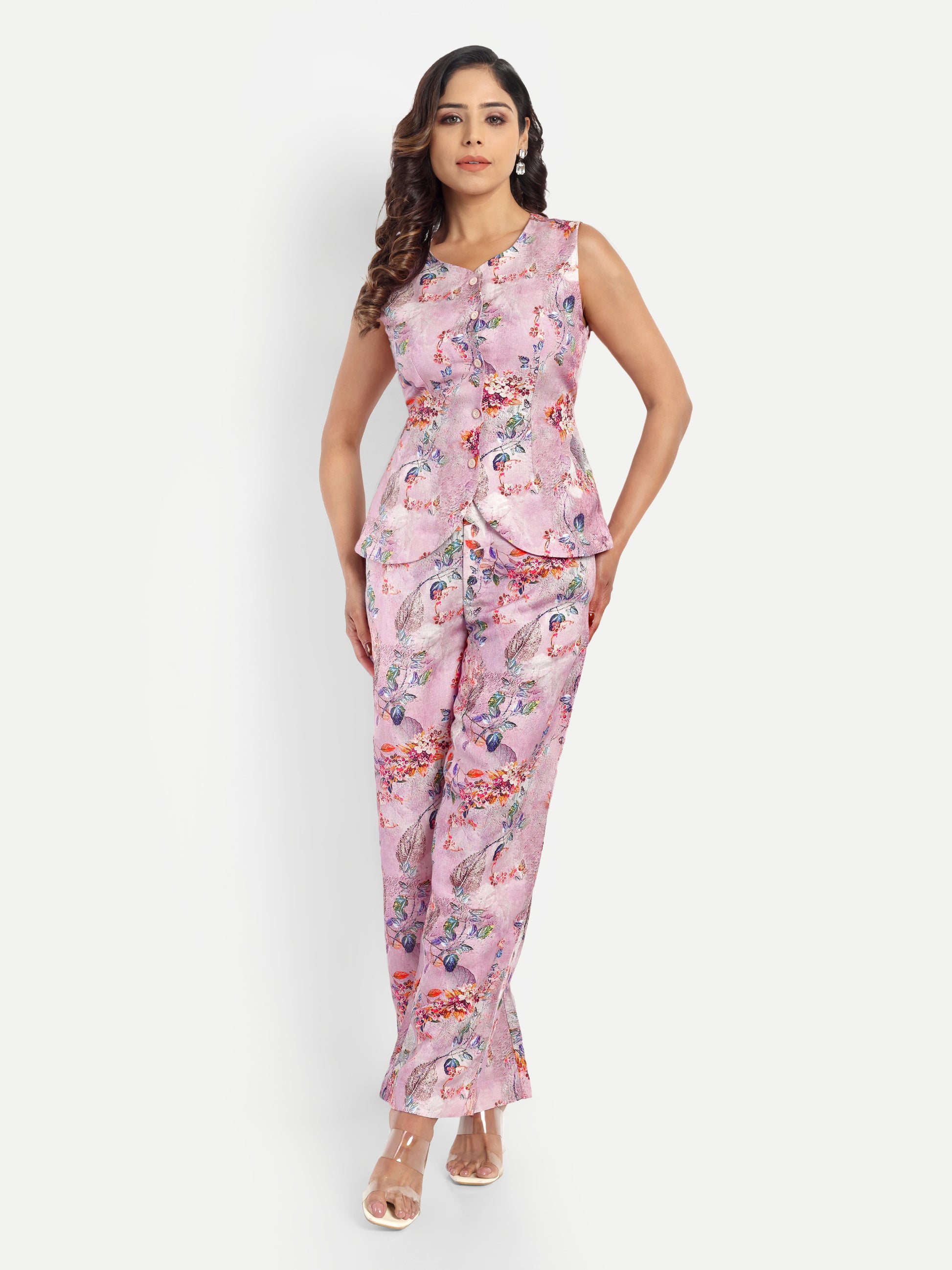 Women’s pink printed Isla jacket CB set with sleeveless jacket and matching straight-fit pants