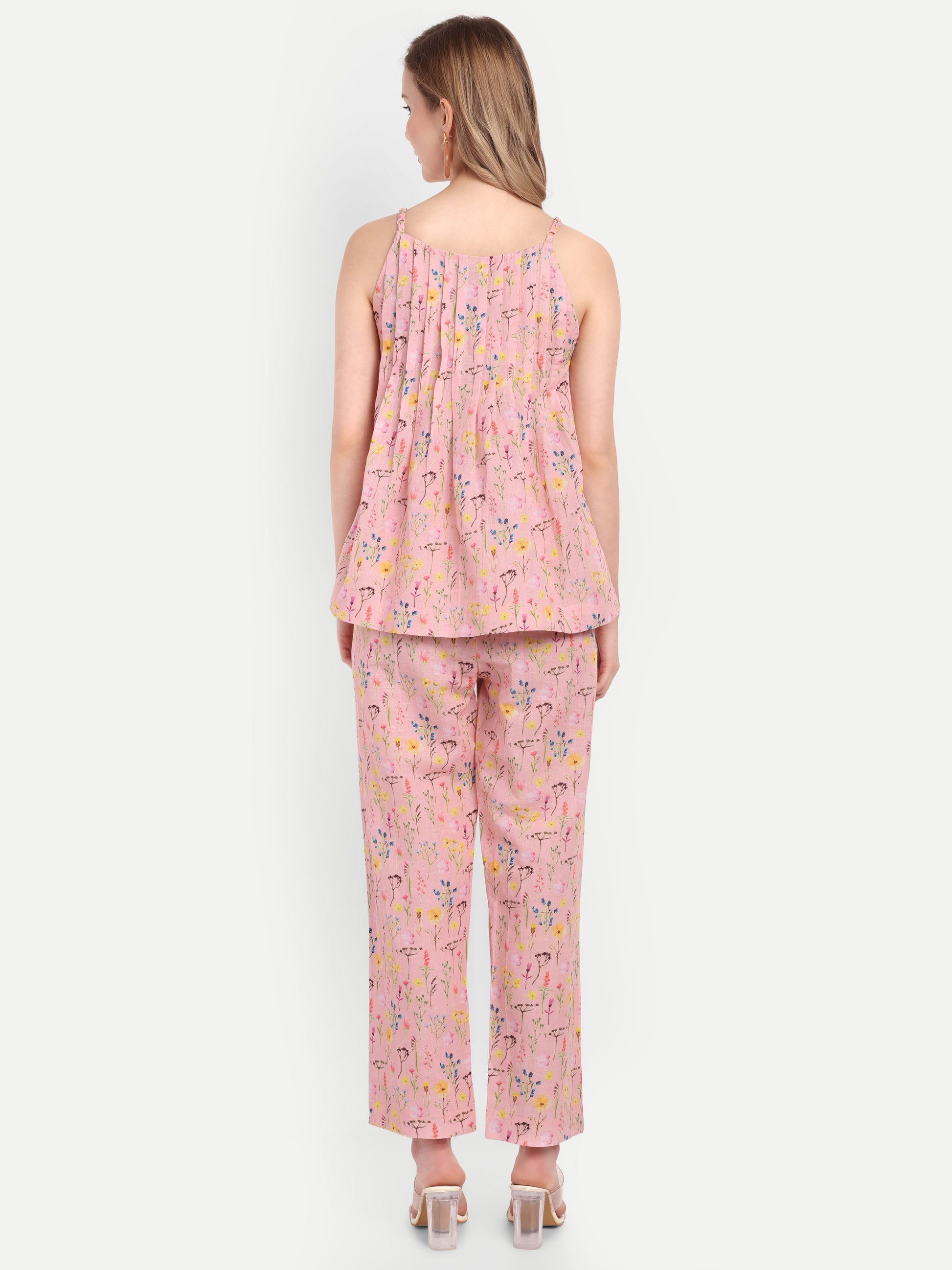 Women’s pink printed Lelo top CB set with sleeveless layered top and matching pants