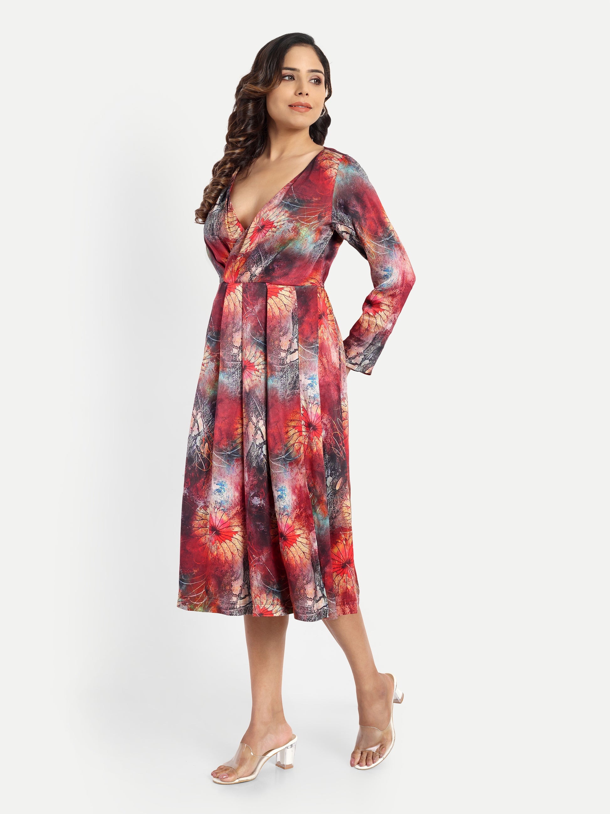 Women’s red floral Fortu dress with wrap style, flowy midi fit and elegant stylish design