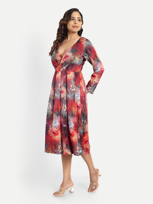 Women’s red floral Fortu dress with wrap style, flowy midi fit and elegant stylish design