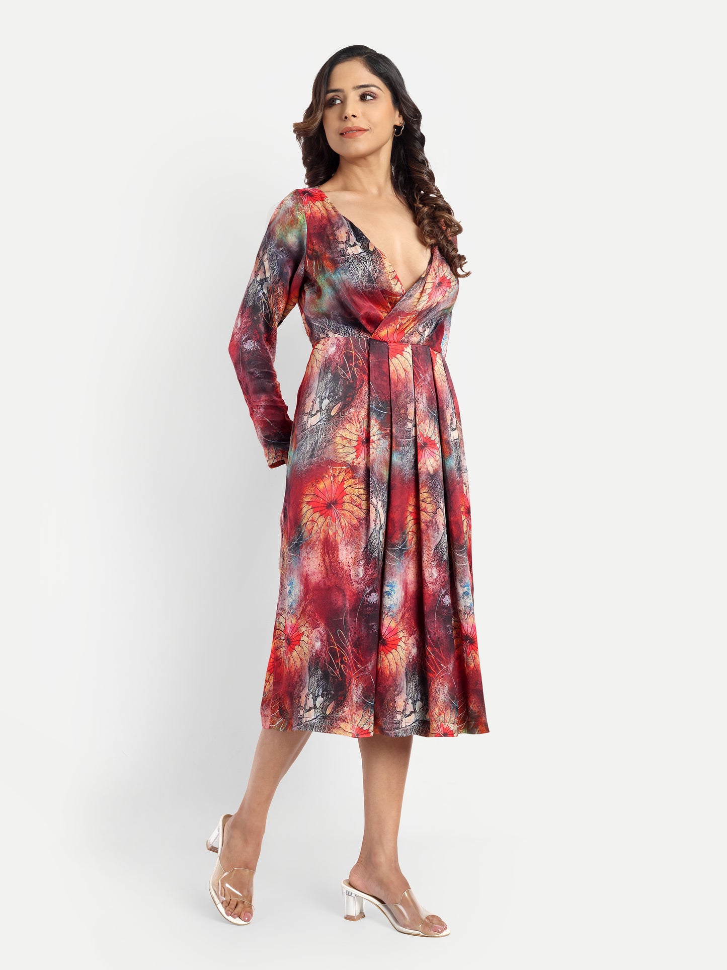 Women’s red floral Fortu dress with wrap style, flowy midi fit and elegant stylish design