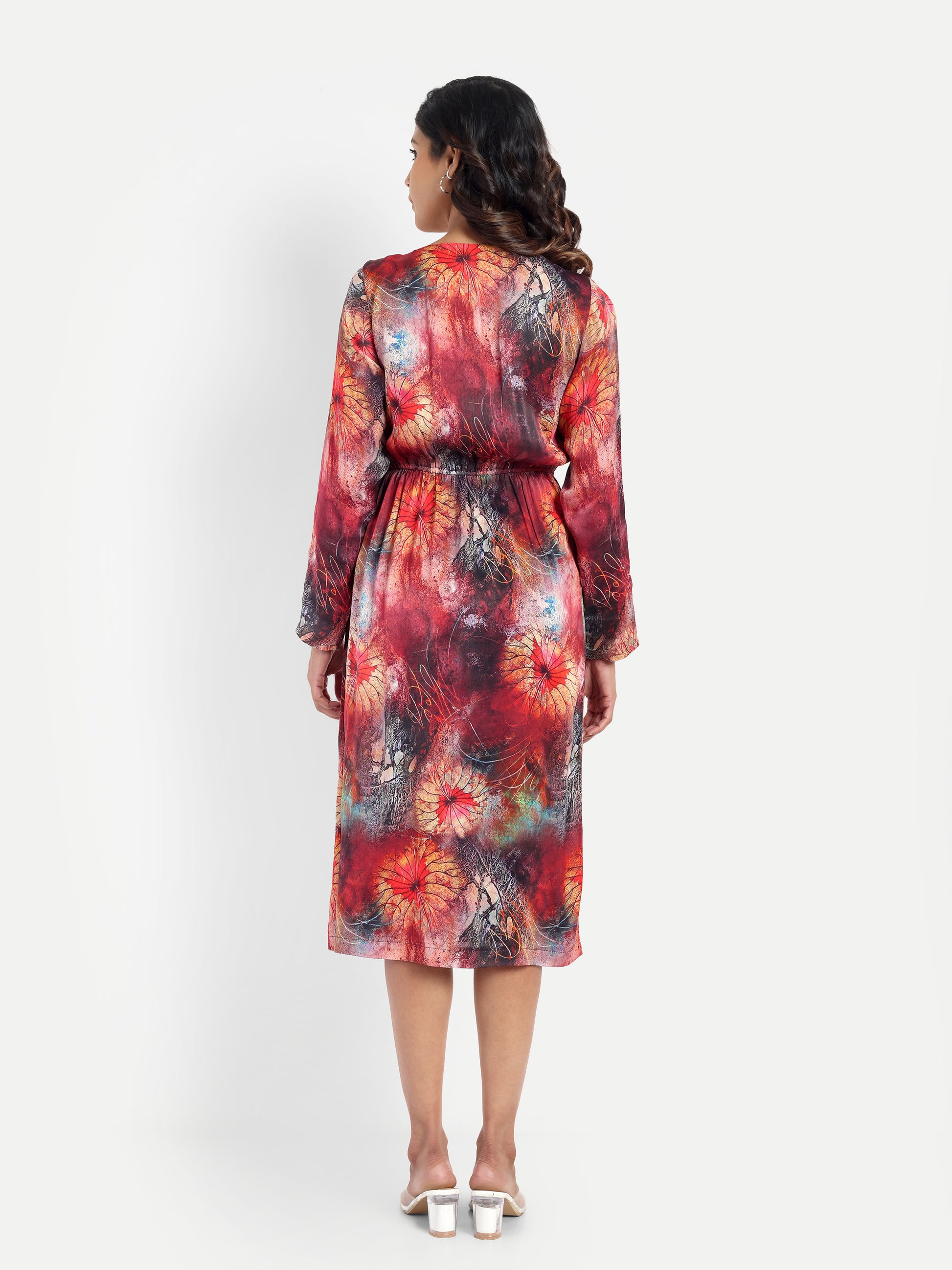 Women’s red floral Fortu dress with wrap style, flowy midi fit and elegant stylish design