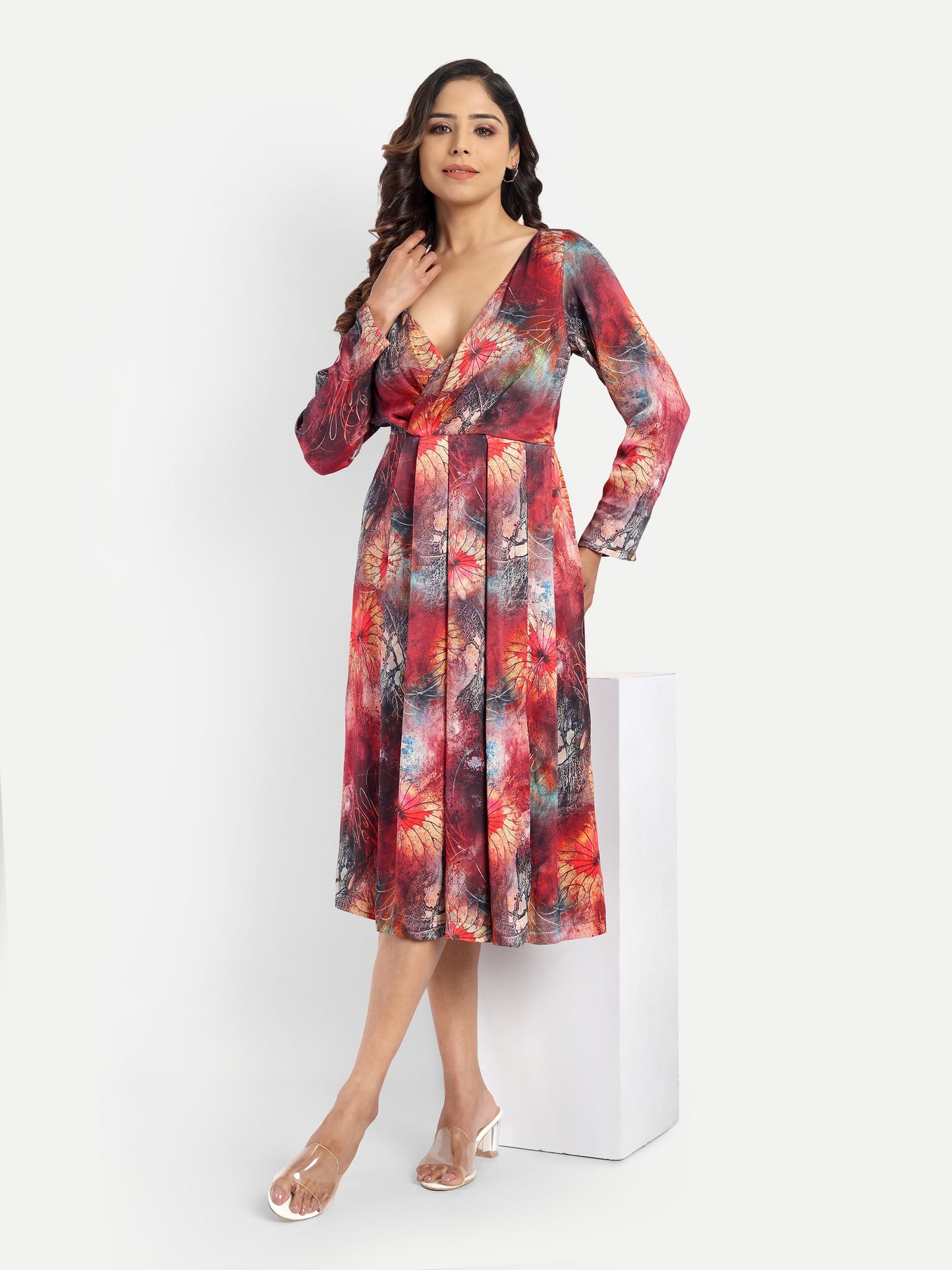 Women’s red floral Fortu dress with wrap style, flowy midi fit and elegant stylish design