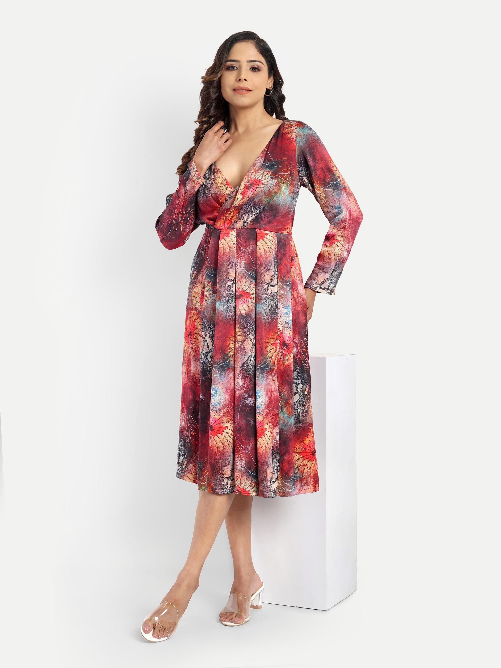 Women’s red floral Fortu dress with wrap style, flowy midi fit and elegant stylish design