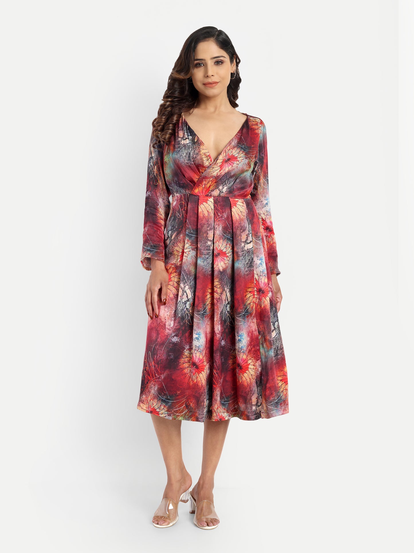 Women’s red floral Fortu dress with wrap style, flowy midi fit and elegant stylish design