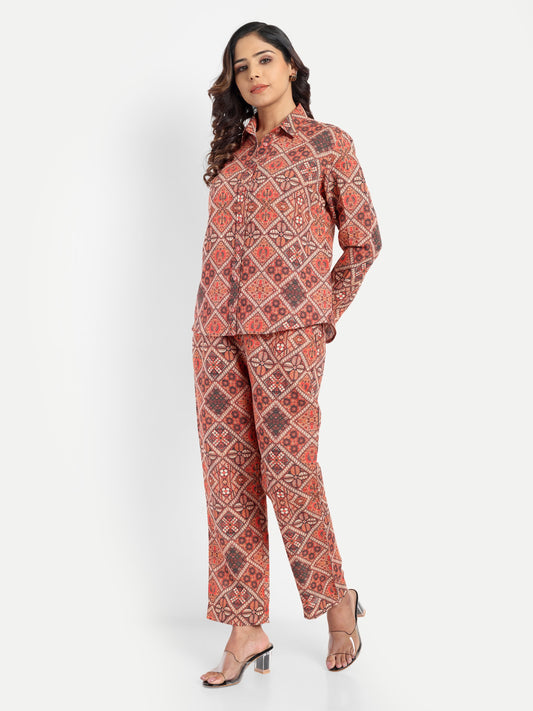 Women’s red printed Kedia shirt CB set with long sleeve shirt and matching pants