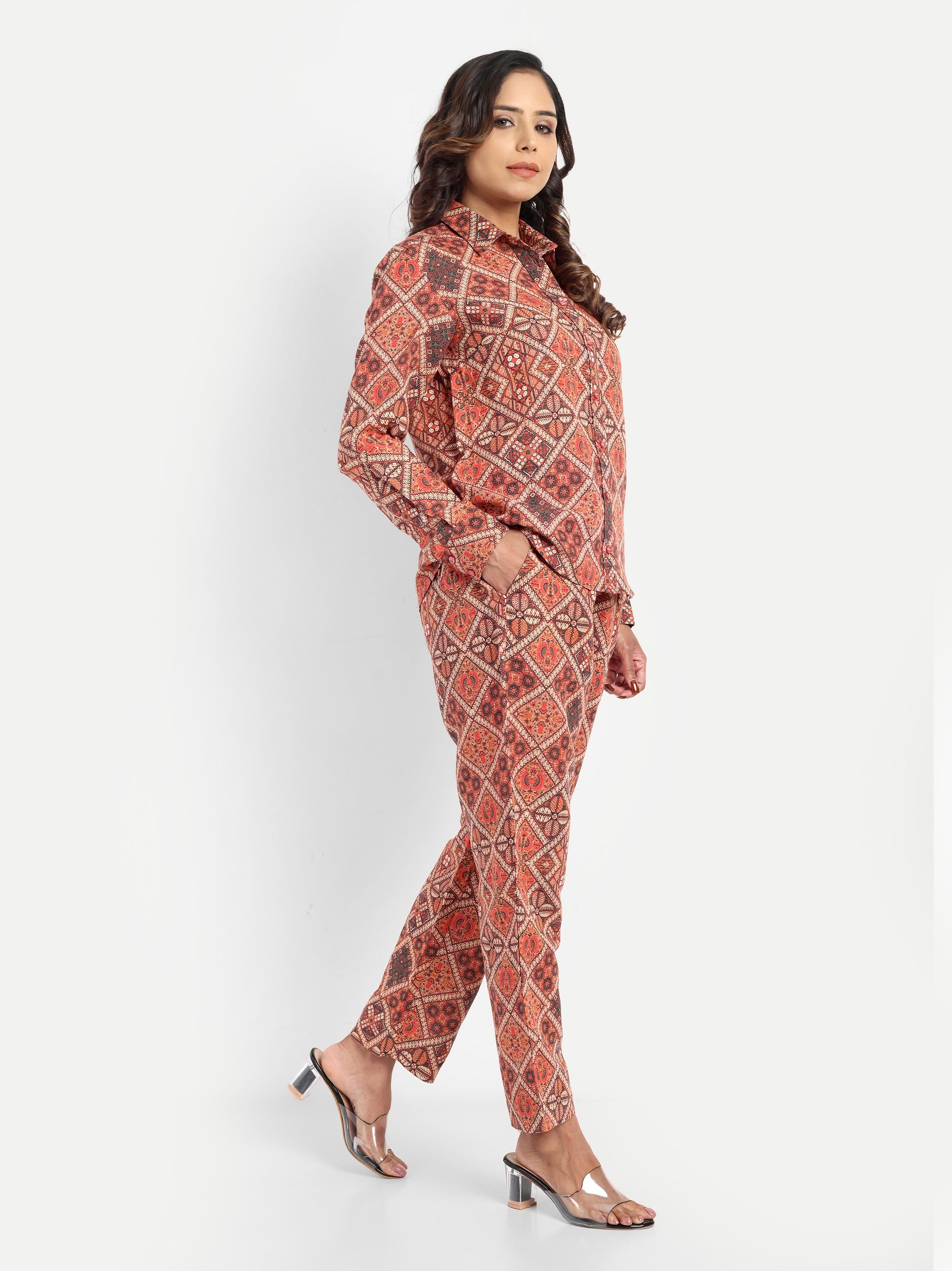 Women’s red printed Kedia shirt CB set with long sleeve shirt and matching pants
